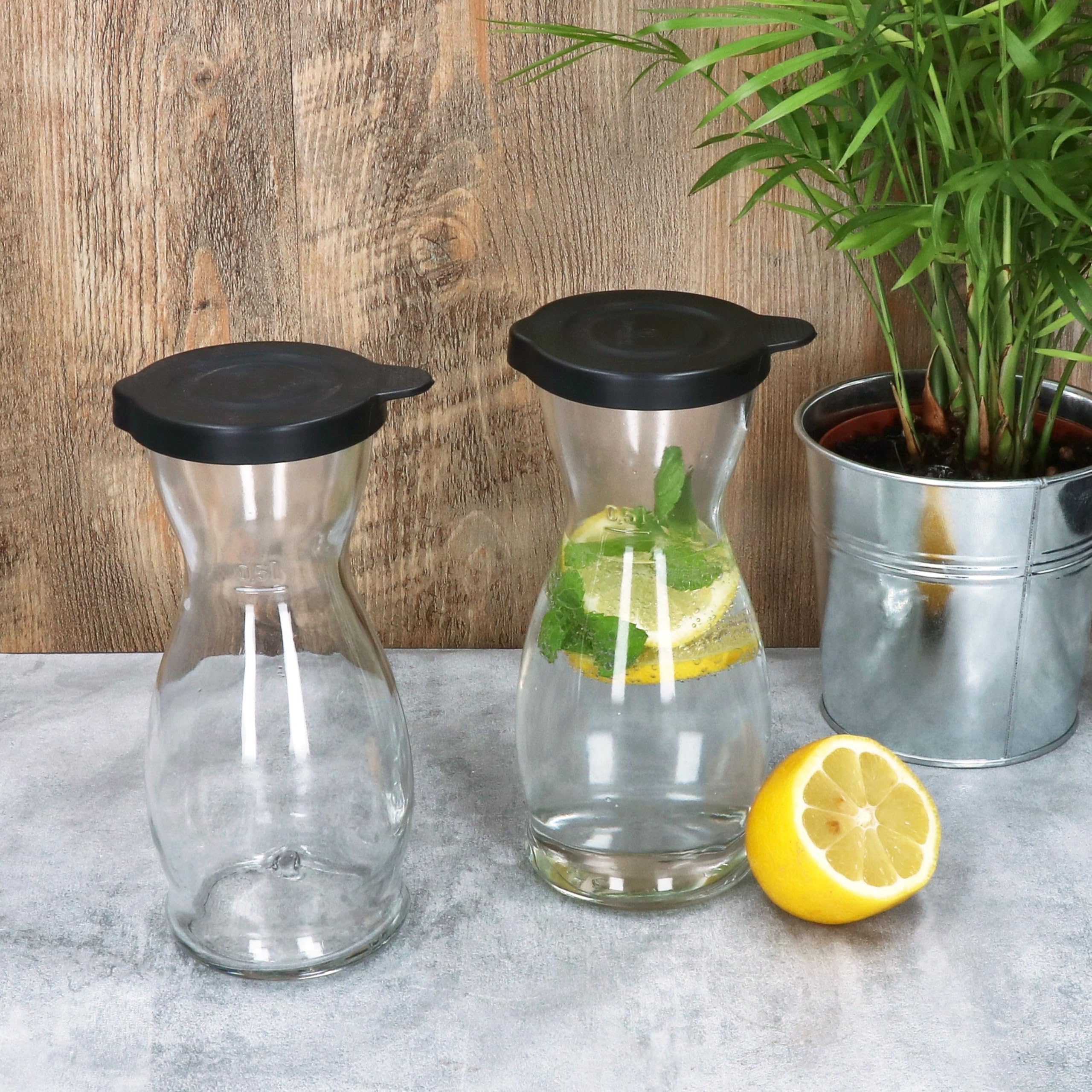 Lot De 6 Carafes à Vin En Verre 0,5 L Avec Couvercle Noir - Bec Verseur - Calibrées - Pour Eau, Jus, Lait - Fabriqué En Italie - 7