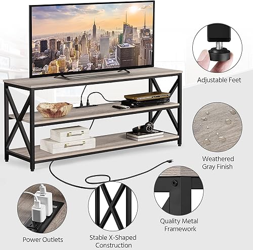 Miniatura 6 de Yaheetech Soporte de TV con tomas de corriente de 65 pulgadas consola de TV industrial con estantes de almacenamiento de 3 niveles centro de