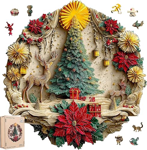 Pikoqunc Rompecabezas de madera para adultos, rompecabezas de árbol de Navidad para adultos, piezas únicas, rompecabezas de corte de madera,