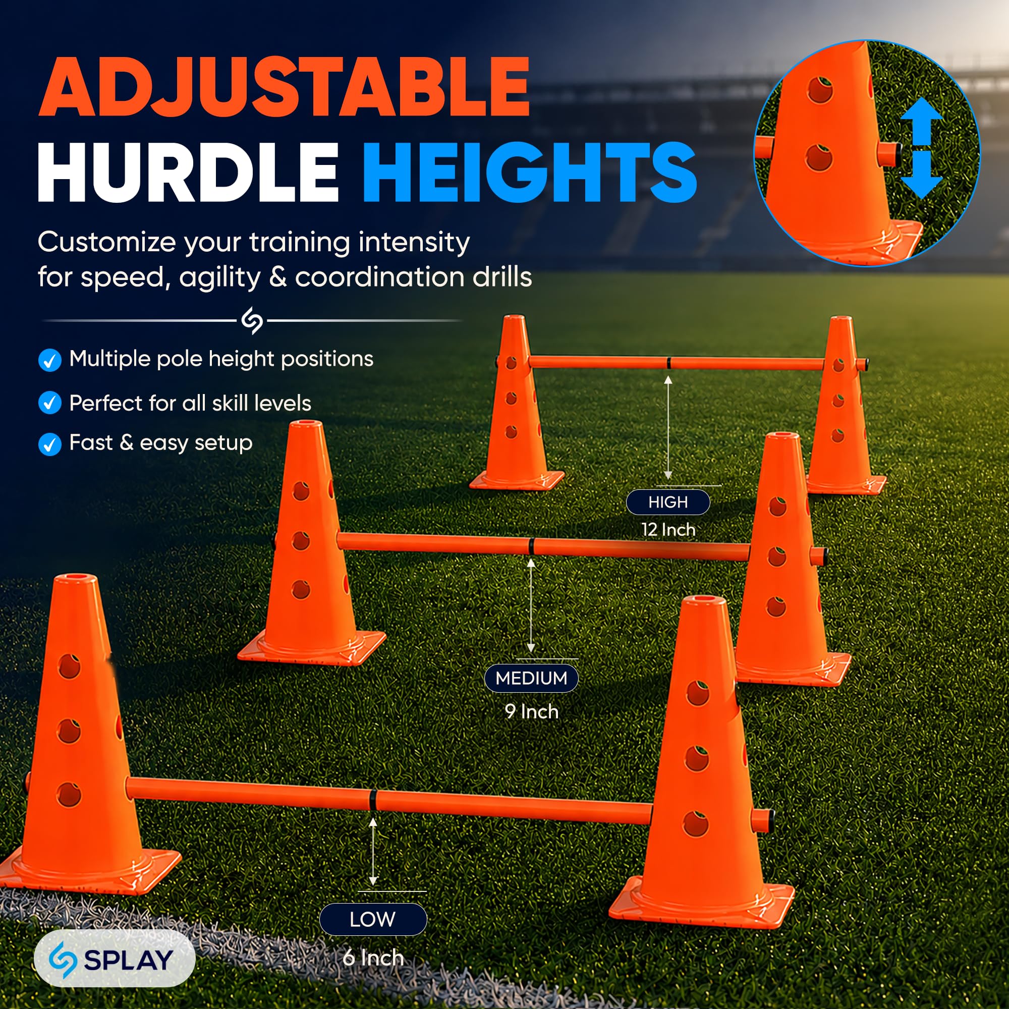 Splay Club Training Hurdle Kit w/Carry Bag | Multi-Sport Plastic Cones for Field Practice, Fitness Training, Agility Set, | 12 Cones (15 Inch) | Adjustable 6 Poles Orange Color (1 Meter)