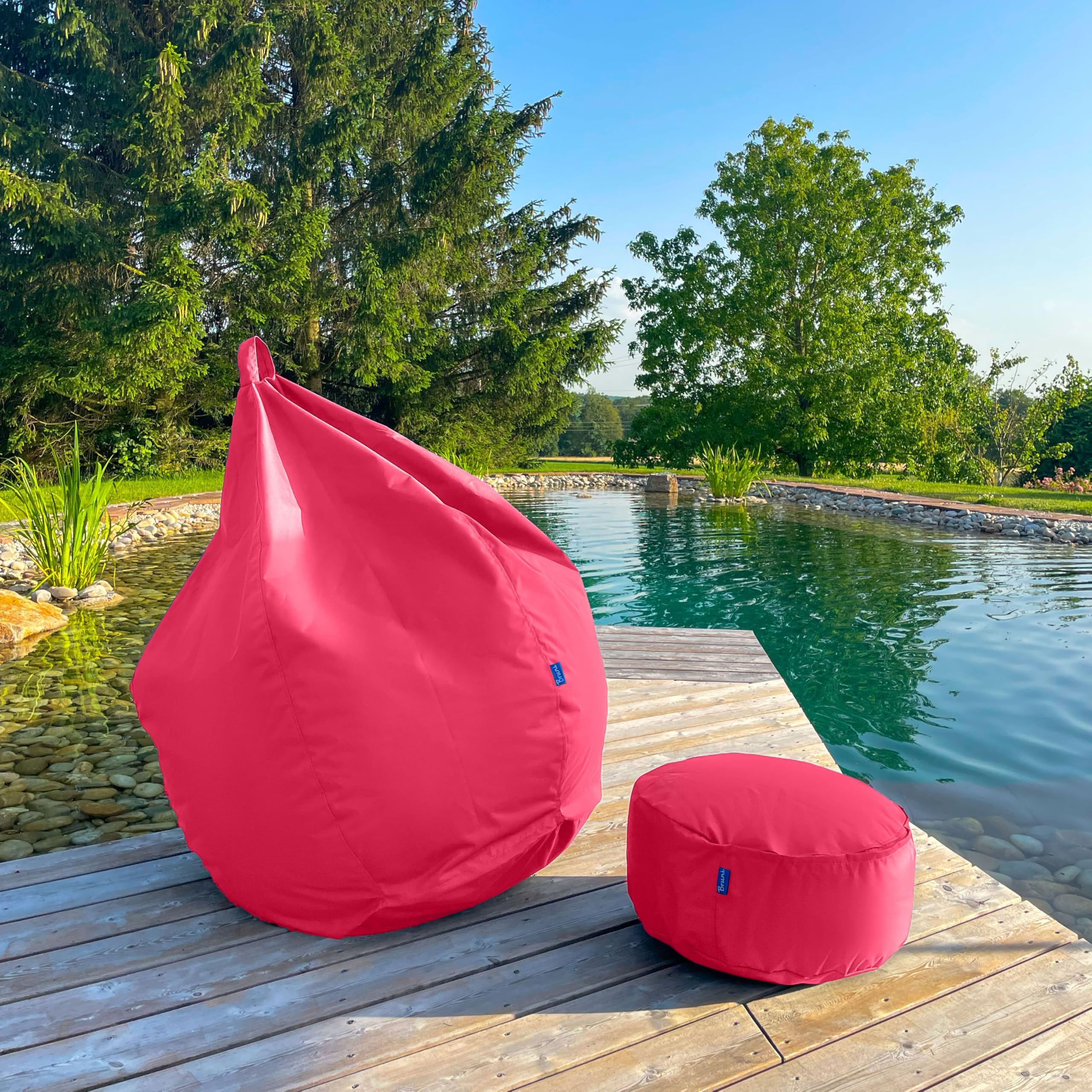 Bruni Pouf Rotondo L Rosa – Pouf poggiapiedi per interni ed esterni, Sgabello a sacco con imbottitura in perle EPS, Cuscino rotondo da Yoga e meditazione, Fodera lavabile
