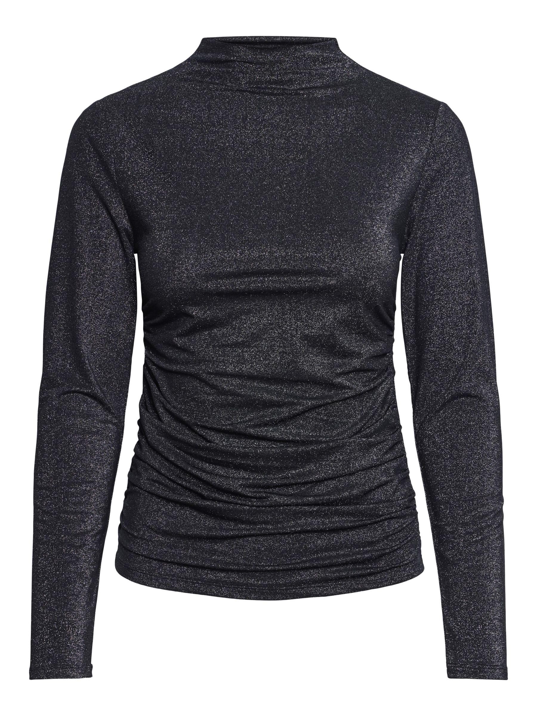 PIECES Women's Pcmonica LS Glitter Ruching Top Noos Long Sleeve Shirt, Black/Detail:Silver, Large