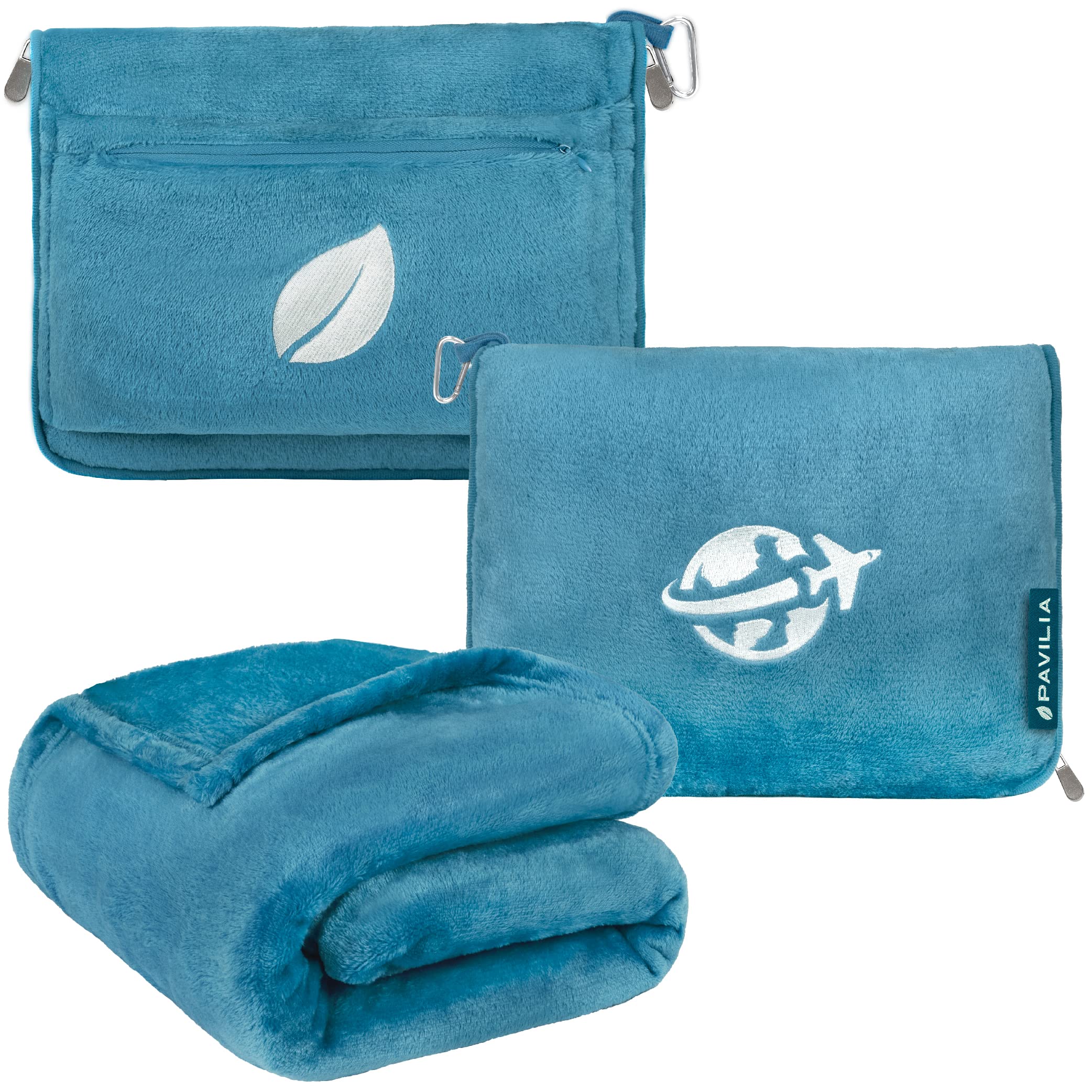 PAVILIAPAVILIA Travel Blanket and Pillow Set, Airplane Blanket Compact 2-in-1 Combo, Travel Essentials for Flying, Portable Blanket for Plane Car, Long Flight International Travel Gift Accessories, Teal Blue