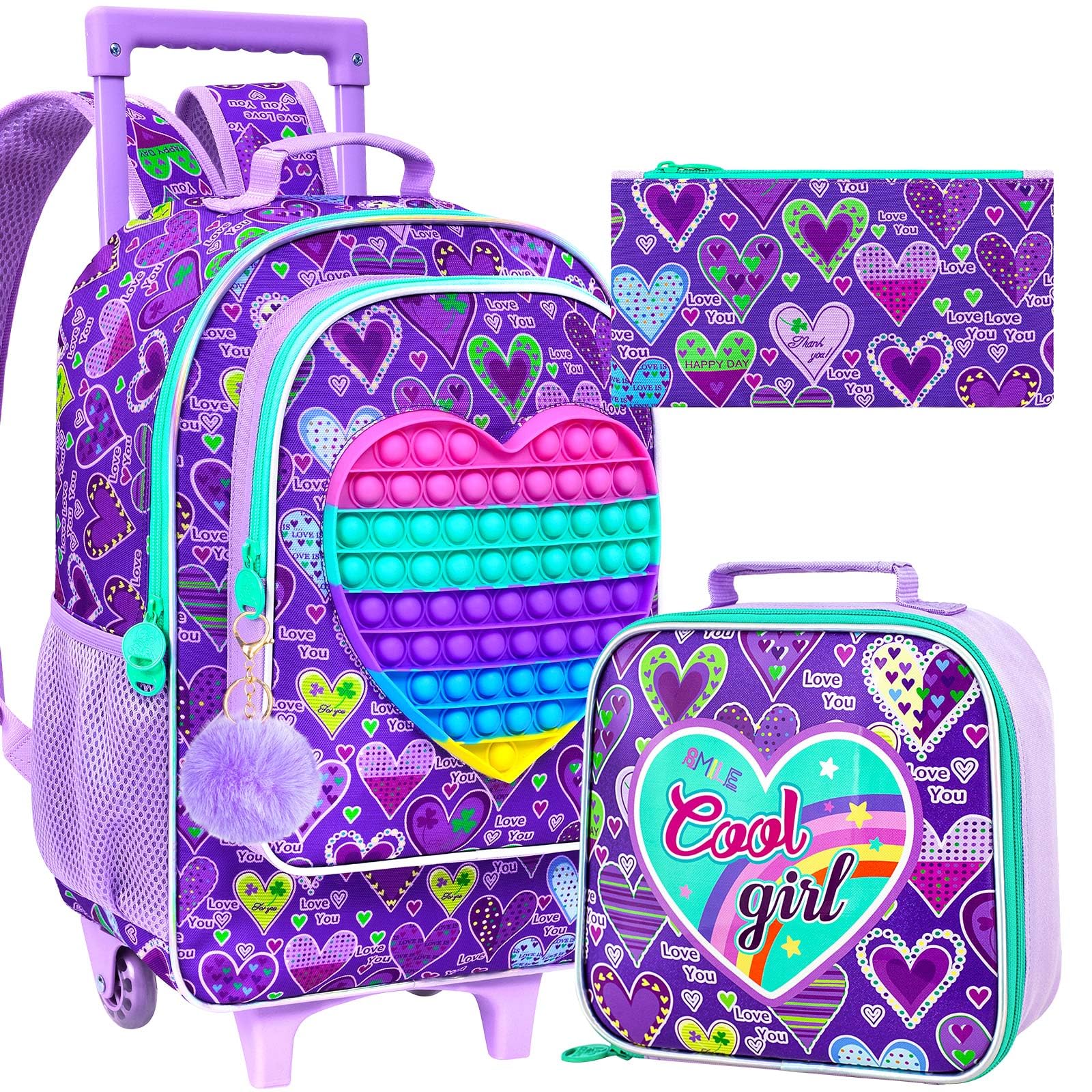 3PCS Rolling Backpack for Girls, Kids Roller Wheels Bookbag, Wheeled School Bag with Lunch Bag - Purple