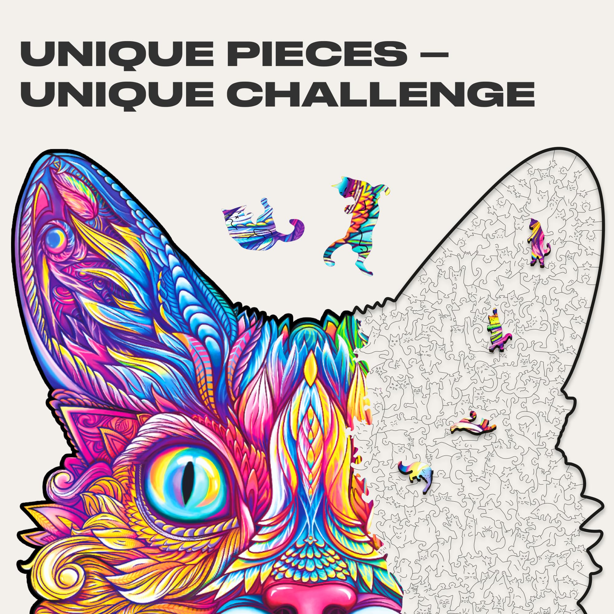 UNIDRAGON Oryginalne drewniane puzzle — imponujący kot, 700 płytek, królewski rozmiar 18,5 x 20,5 cala (47 x 52 cm) piękne opakowanie prezentowe, unikalny kształt najlepszy prezent dla dorosłych i