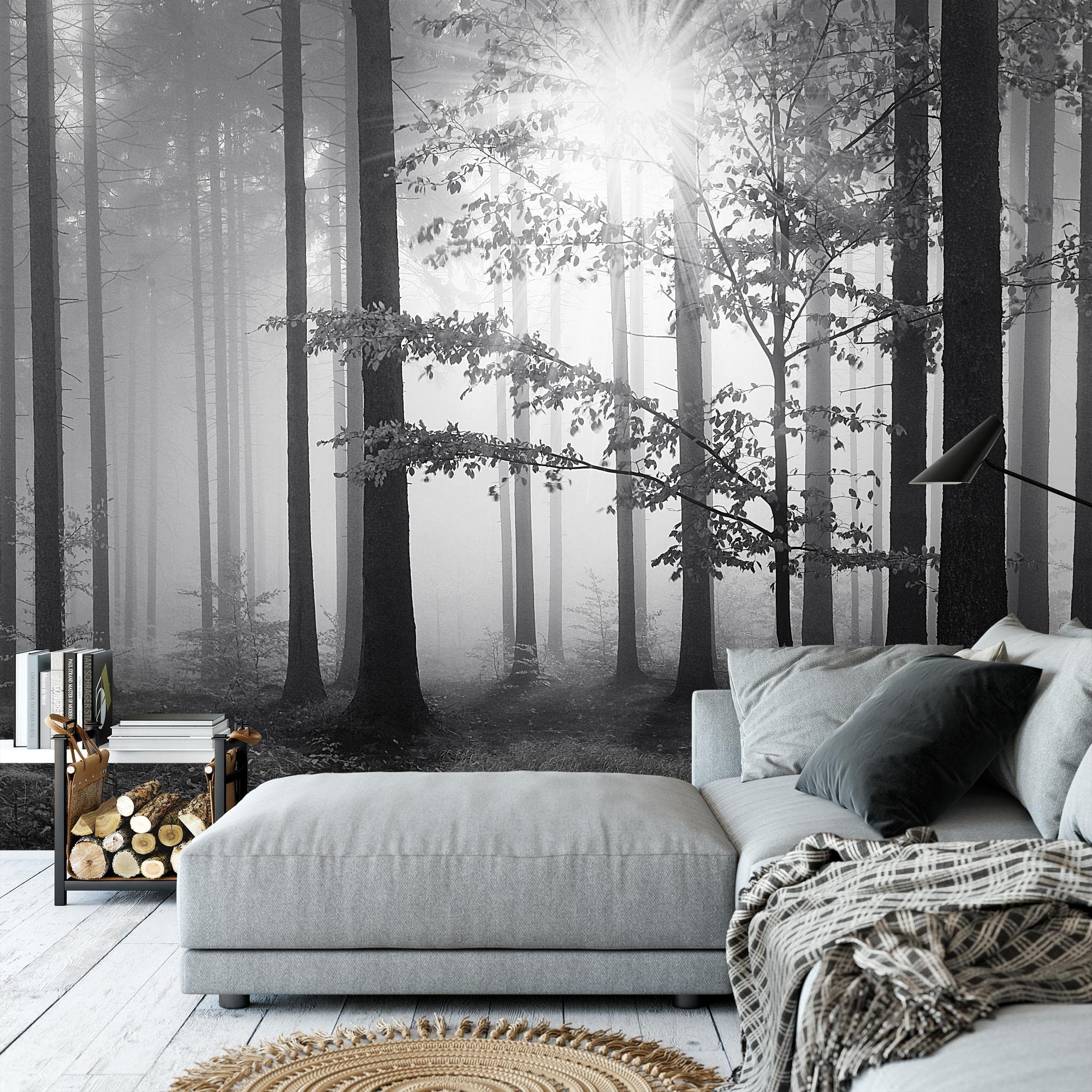 Runa Art Papier peint intissé Forêt dans le brouillard 352 x 250 cm Toison Mur XXL Tableaux Muraux Tapisserie Photo Décoration Murale Salon Chambre Noir Blanc 9241011a