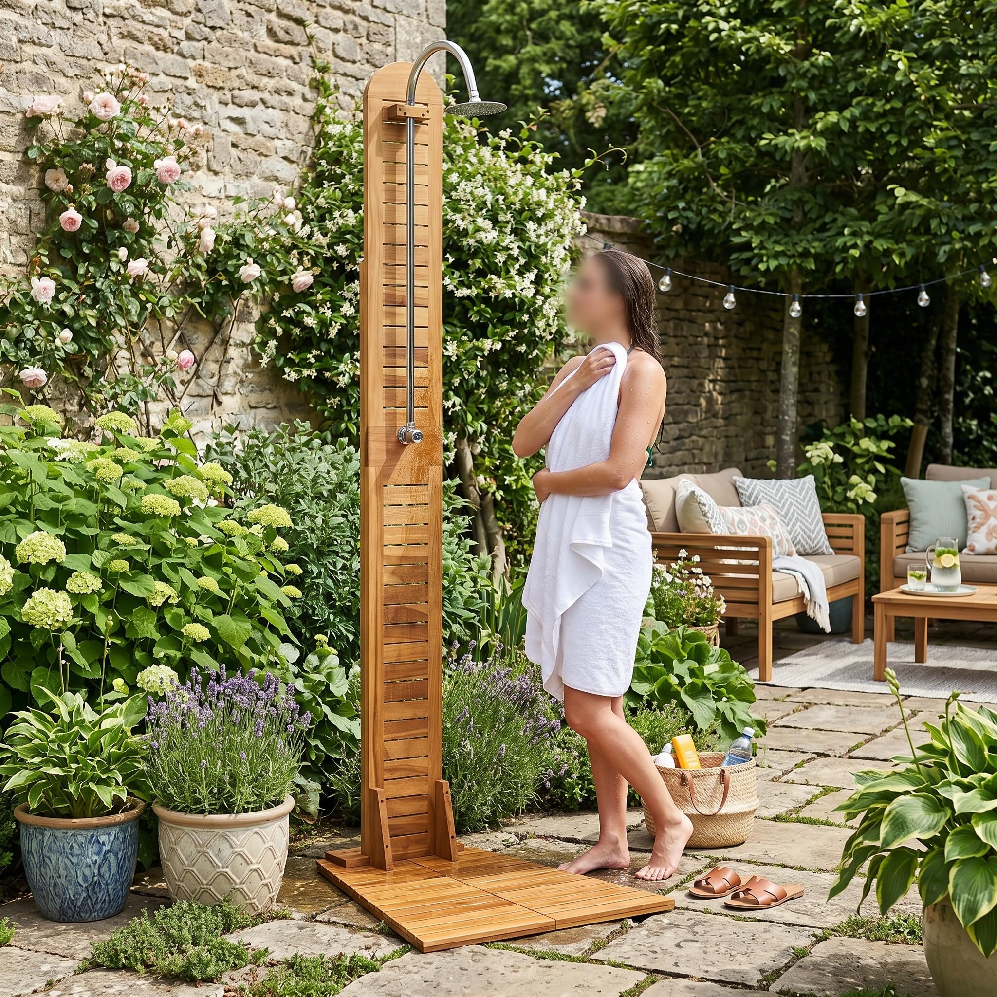 Gecheer Ducha de jardín de madera maciza de teca, 70 x 75 x 204 cm, ducha exterior de madera pulida fina con acero inoxidable para jardín y terraza
