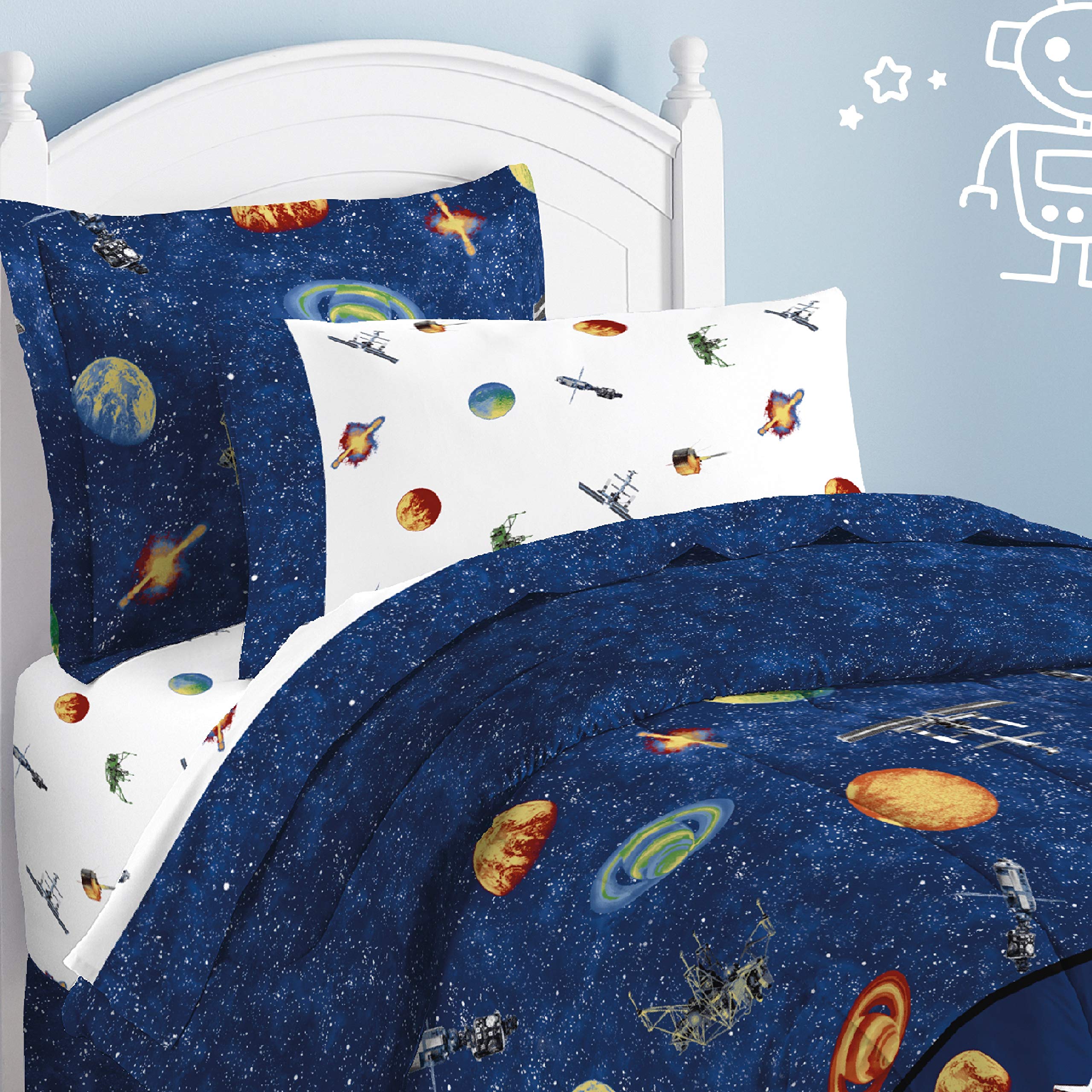 dream FACTORY Outer Space Satellites - Juego de edredón para niños, Color Azul, tamaño matrimonial