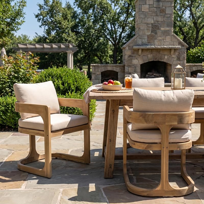 Christopher Knight Home Zeke Outdoor Dining Chairs Set of 2, Acacia Wood Dining Chairs with Water-Resistant Cushions, Patio Side Chairs with U-Shaped Sled Base & Curved Armrests, Beige + Natural
