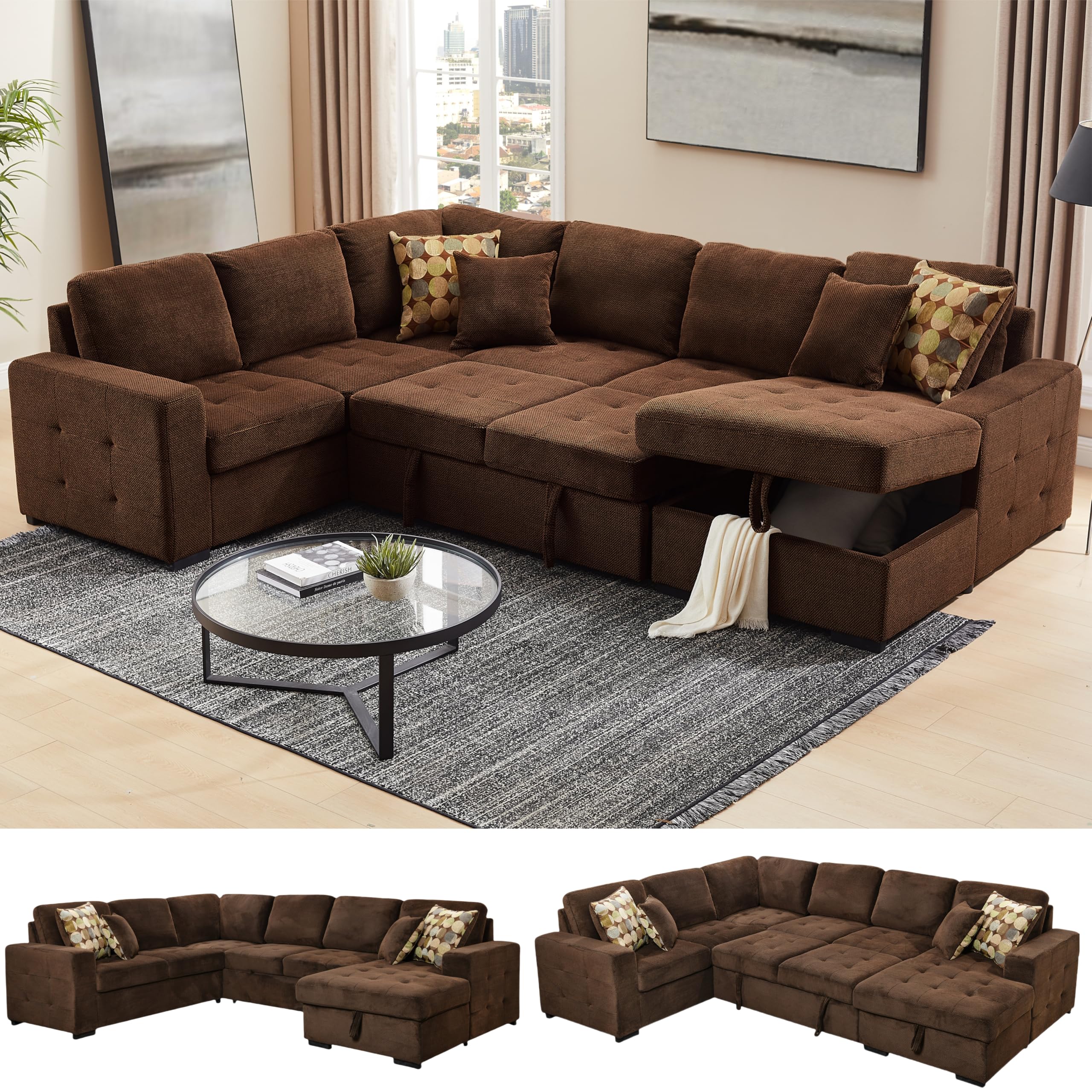 Dark Brown Sectional Sofa U Shaped Modular Sectional Storage Sofa