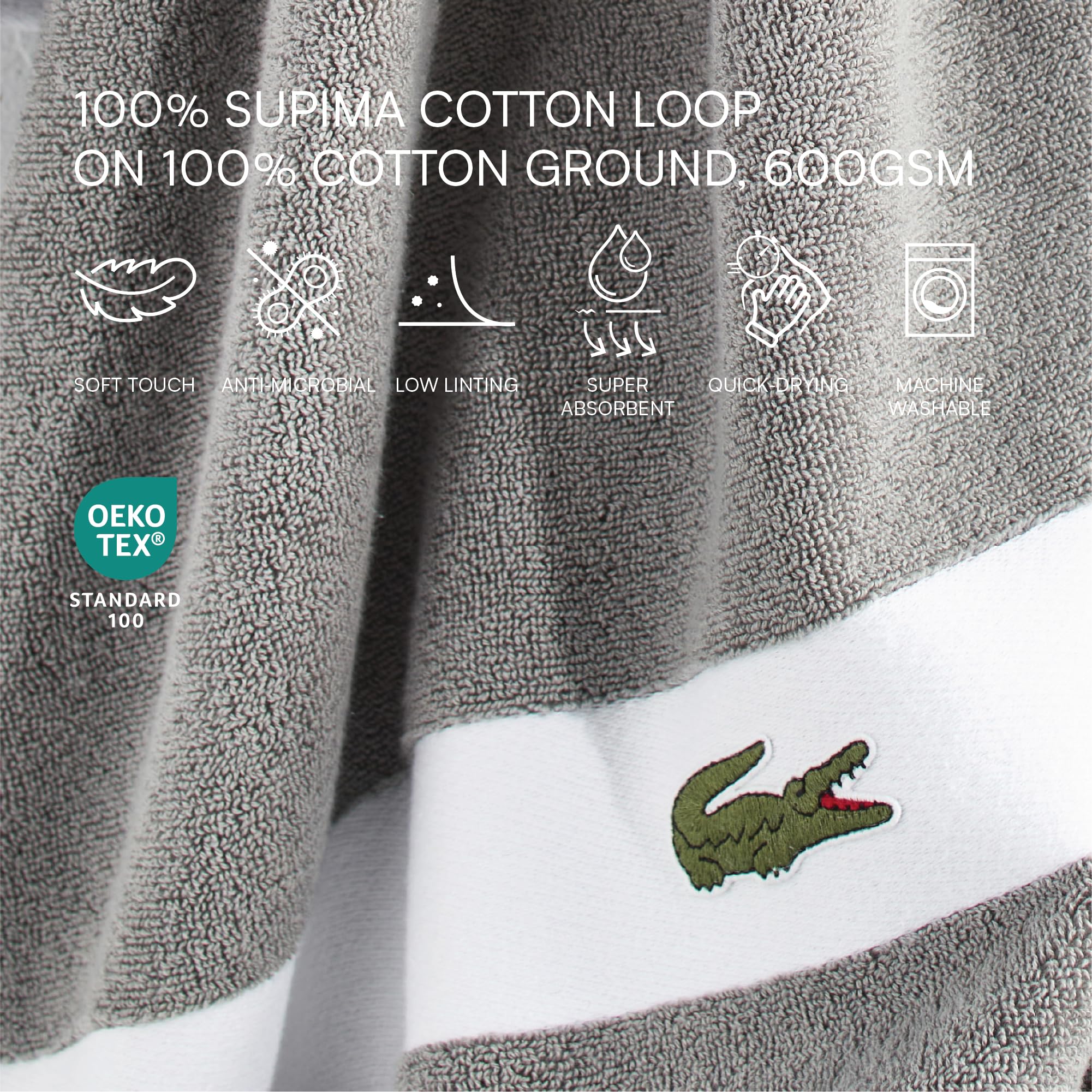 Lacoste Sport Stripe - Juego de Toallas de Lujo de algodón de 6 Piezas, 2 Toallas de baño, 2 Toallas de Mano, 2 paños de baño, meteorito
