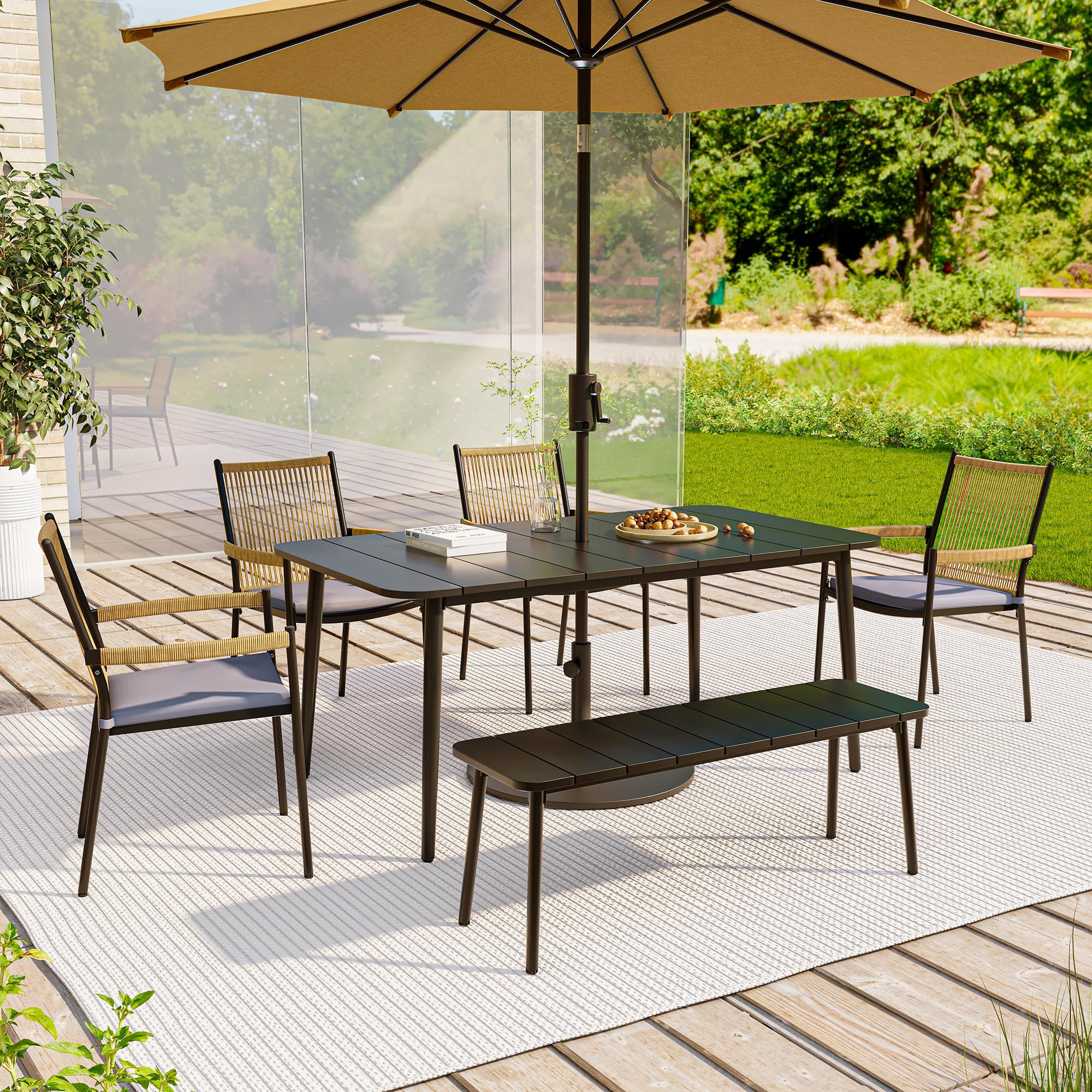 LAUSAINT HOME Outdoor Dining Set for 6, Outdoor Table and Chairs Set with Umbrella Hole, 1 Dining Bench and 4 Chairs for Garden, Backyard, Deck,