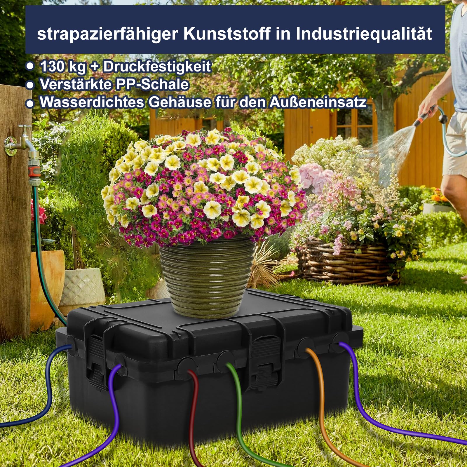 Große wasserdichte Kabelbox für den Außenbereich, wetterfeste Außensteckdose, IP54-geschützte Steckdosenleiste, Timer-Steckdose, Außenstecker, Verlängerungskabel (31 x 23 x 13 cm) - Schwarz