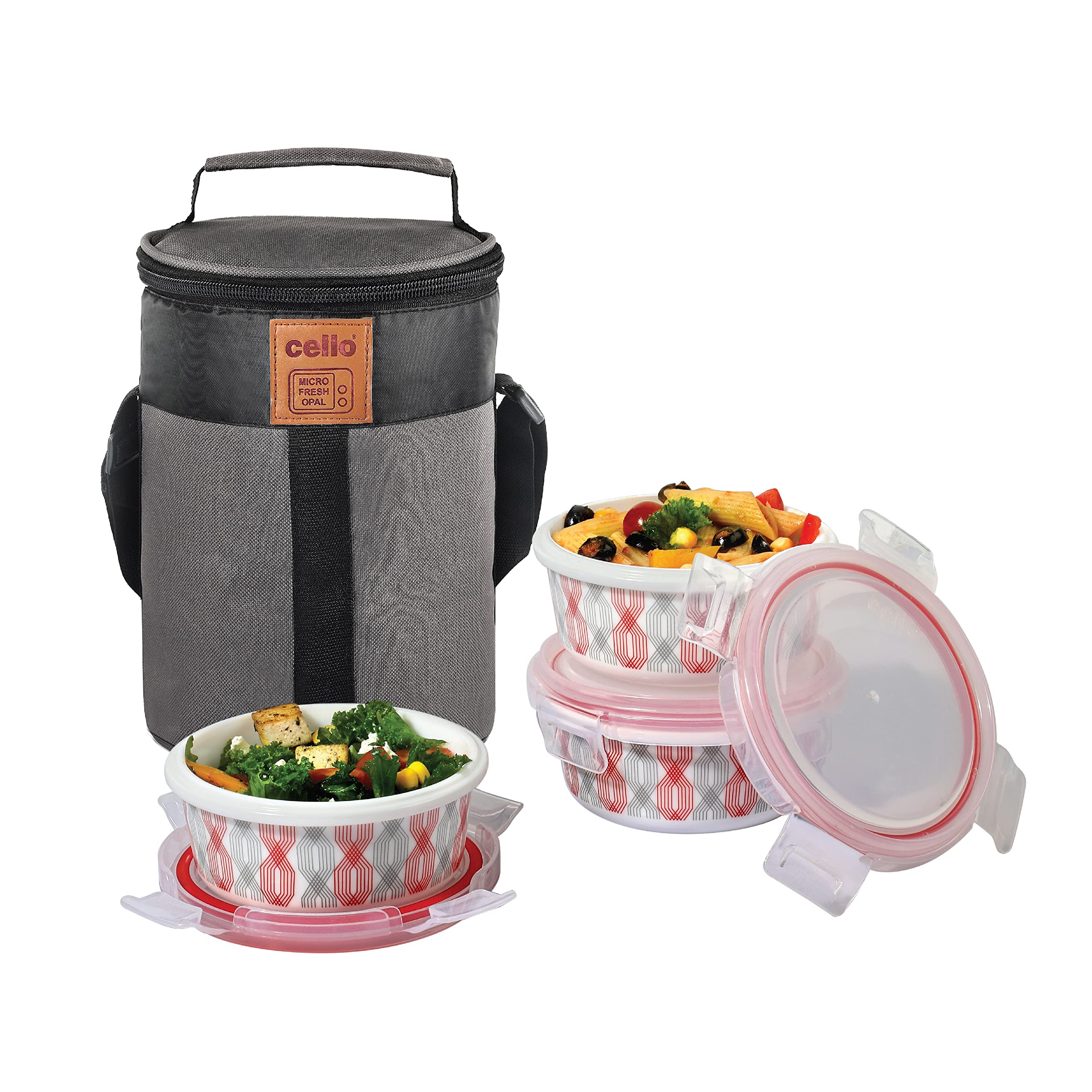 CELLO Red Trellis Opalware Lunch Box with Jacket, 3 Containers Lunch Box, 300ml
