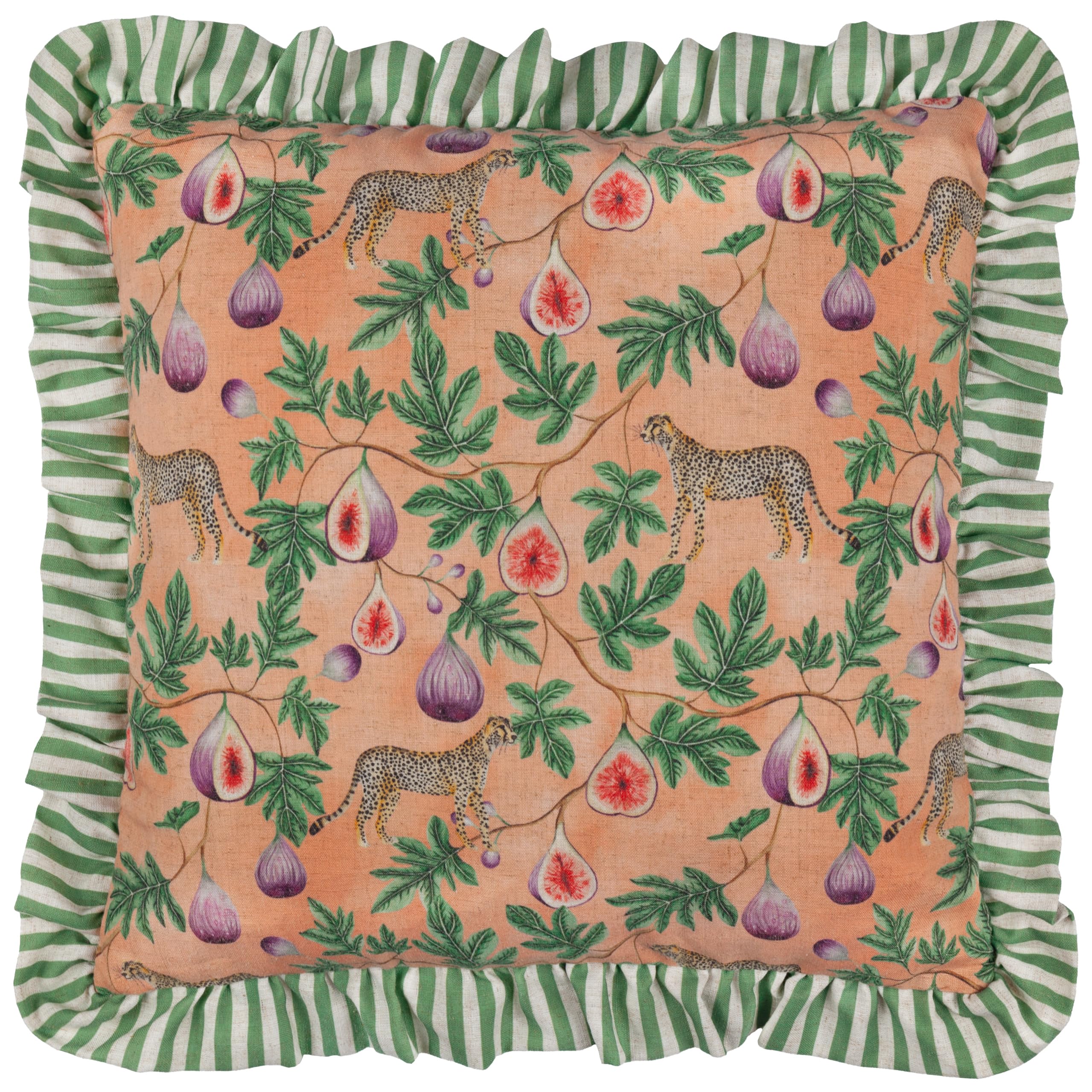 Furn. Peach/Green Wylder Tropics Okara Leopard And Fig Printed Ruffle Cushion Cover - 50X50cm