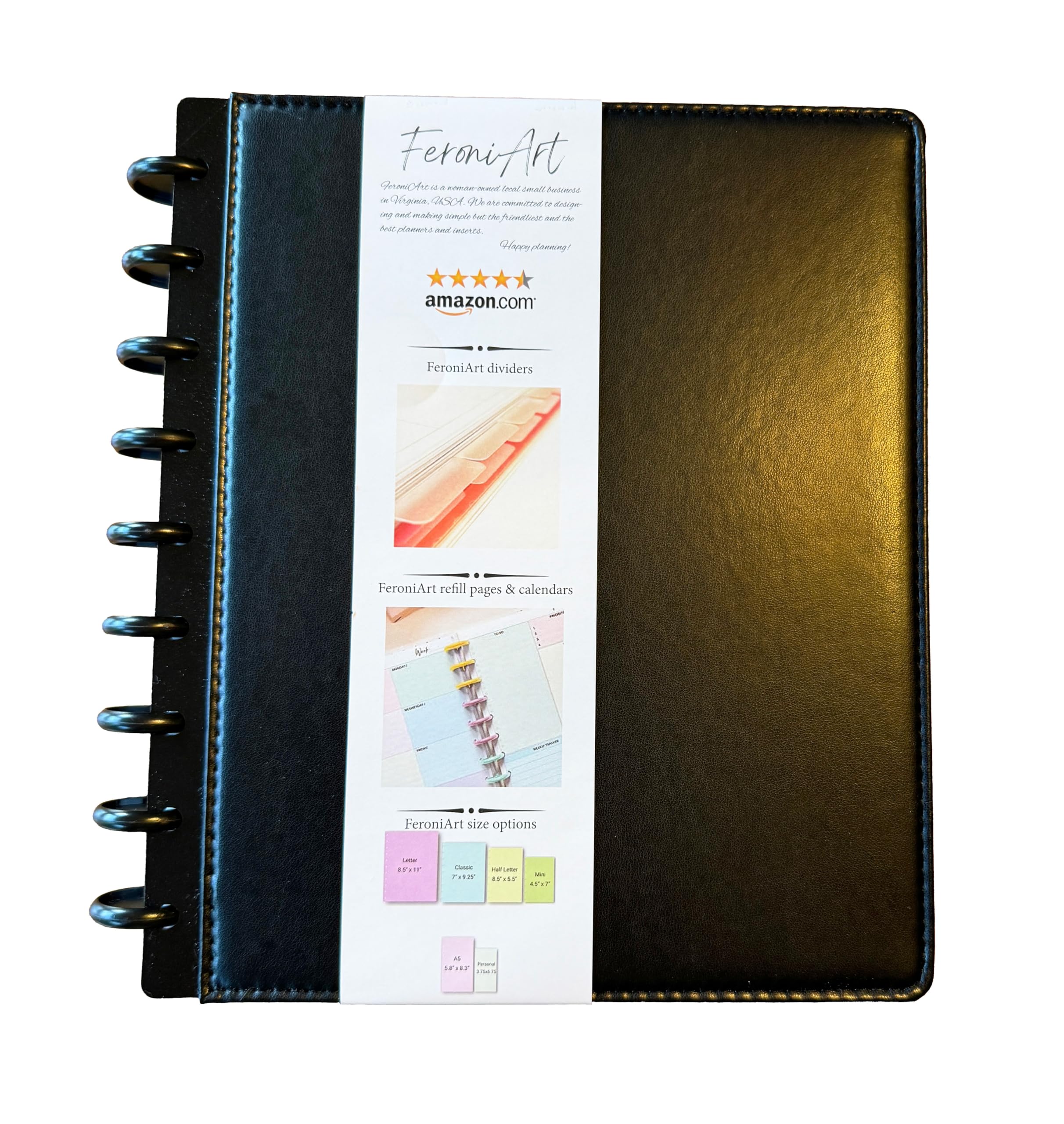 Photo 1 of Refillable Discbound Notebook – Foldover Vegan PU Leather Planner, Black Classic Size (7 x 9.25) 75 Narrow Ruled Sheets – By FeroniArt