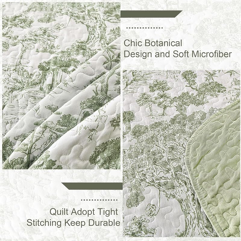 WONGS BEDDING Sage Green Quilt Set Queen Size, Botanical Floral Bedspread image 5