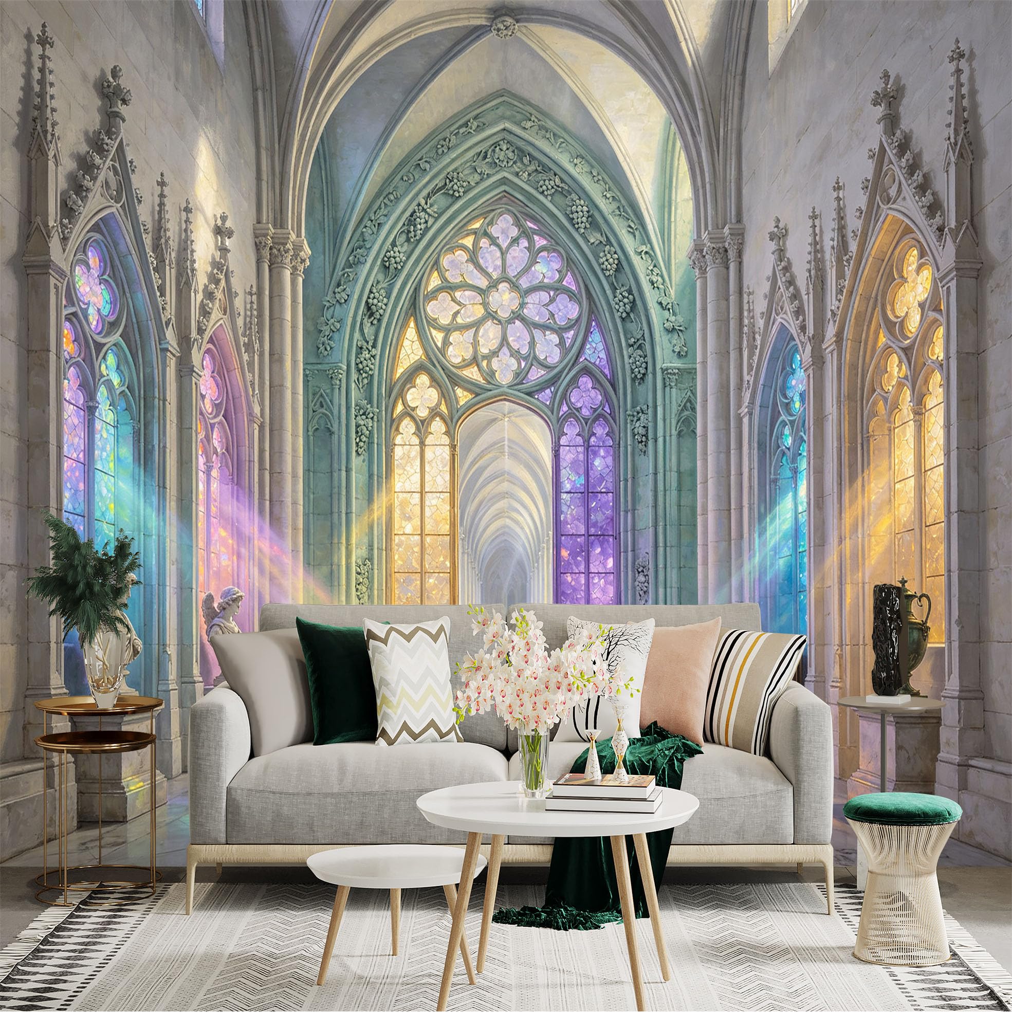 Custom Size Wall Sticker Mural， Gothic Cathedral Hall with Stained Glass and Light Beams， for wall Decoration， peelandstick wall Decals.