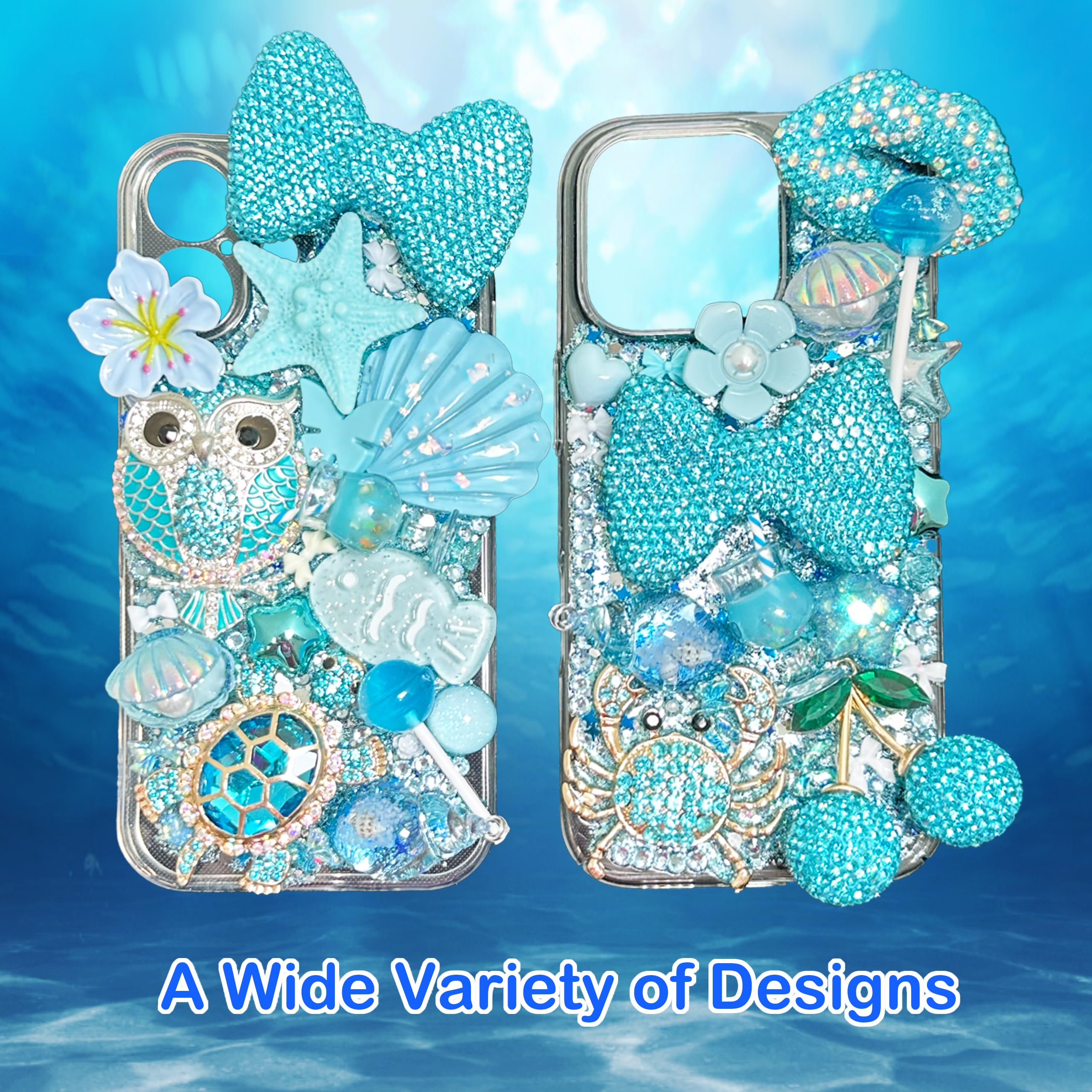 BBATT-HAPPY Blue Junk Case Charms Kit, Junks Phones Cases 3D Diamond Lips Owl and Bows Cherry Turtle Seashell Ocean Style and Other Refreshing Bedazzling Kits Can Be Used in DIY Phone Case Designs - 5