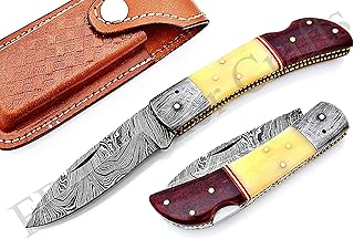 Custom Handmade Damascus Steel Pocket Folding Knife / Pocket Knife FBK-18805 Back Lock, Bushcraft Knife / Survival / Camping & Hiking / Tactical Combat / Compact / Gift (Natural and Red Color Bone)