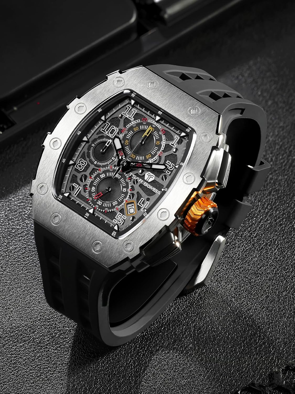 TSAR BOMBA Watches Men Luxury Square Mens Watch Chronograph 50M Waterproof Sapphire Glass Japan Quartz Movement TMI VK67 Silicone Strap Classic Tonneau Design Luminous Calendar Wrist Watches