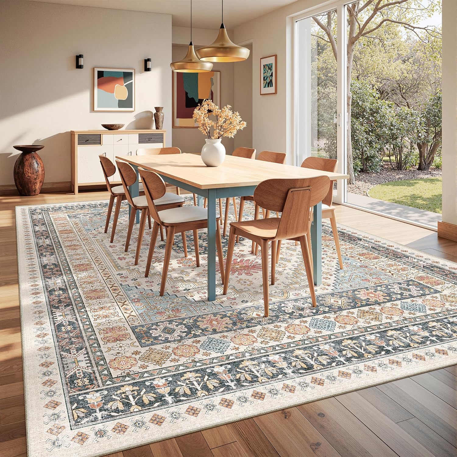 Washable Rugs 8x10 Area Rugs for Living Room, Non-Slip Backing Large Rug for Nursery Room, Vintage Floral Bedroom Rugs, Thin Indoor Home Decor Soft Farmhouse Rug (Blue/Red/Multi,8'x10')