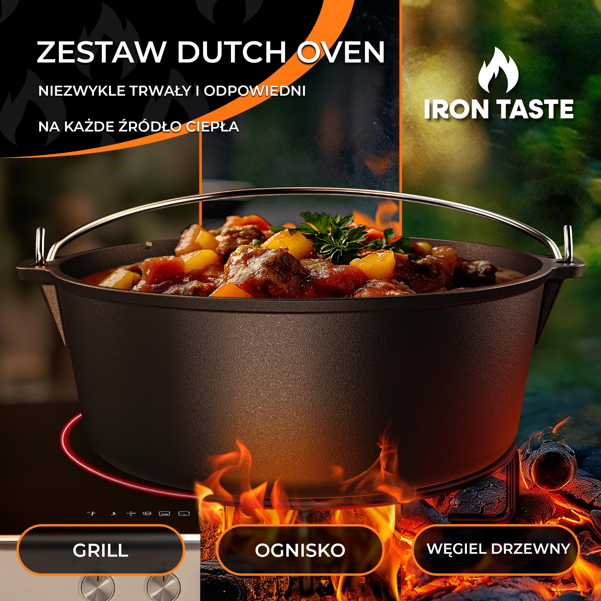 Set Pentola Olandese in Ghisa 4,5L – Pentola Pre‑Stagionata con Sollevacoperchio Pratico e Sottopentola in Acciaio Inox, Perfetta come Forno Olandese per Pane, Stufati, Arrosti e BBQ