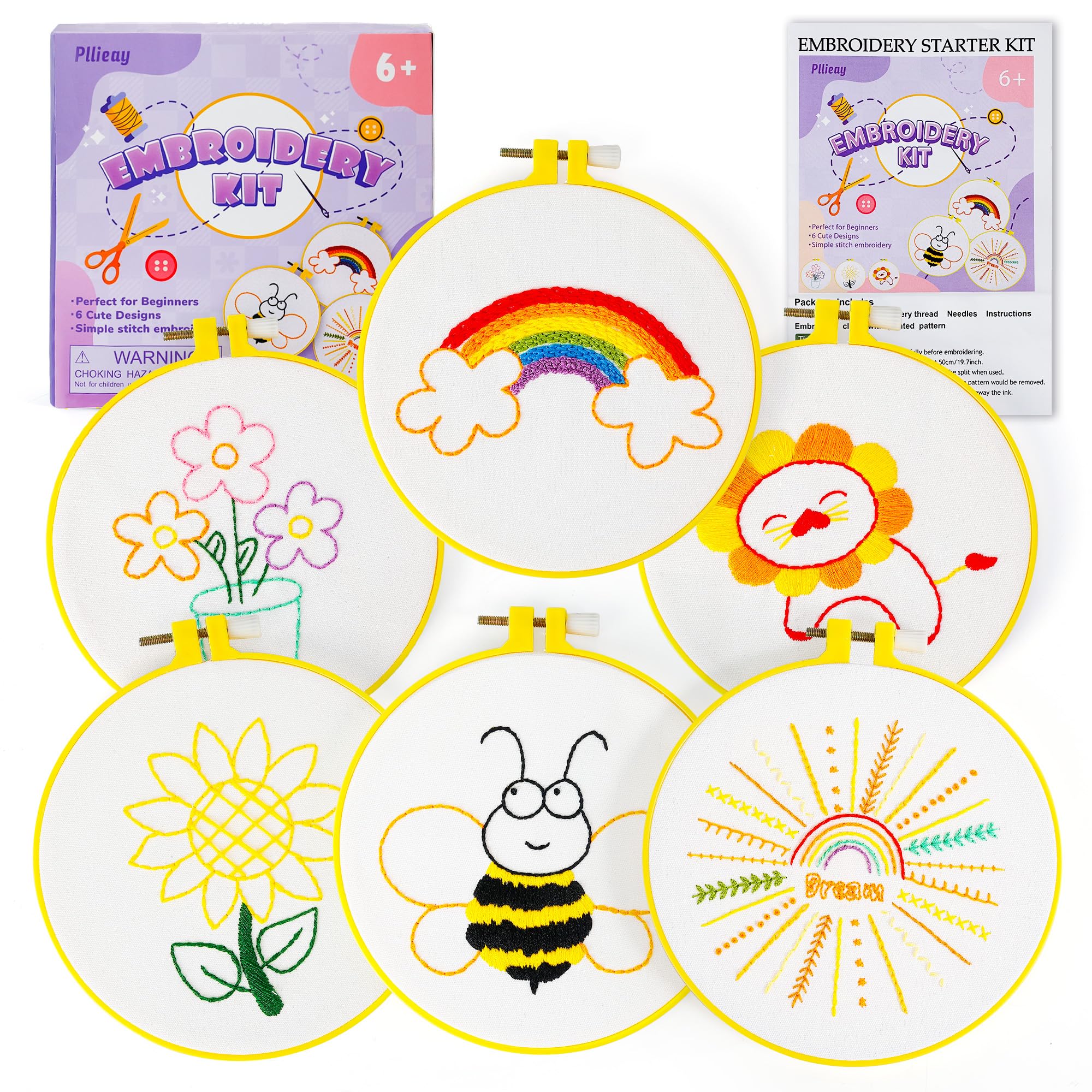 Pllieay 6PCS Embroidery Kit for Beginners, Needlepoint Kits for Beginners with Patterns, Embroidery Hoop, Threads, Needles, Instructions, Kids Cross Stitch Kits Supplies for Girls Boys Ages 6+