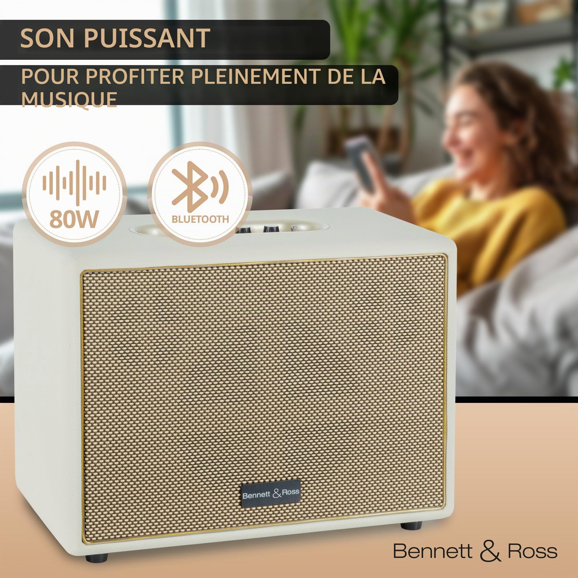 Bennett & Ross BB-880CW Blackmore Giant Haut-Parleur Bluetooth rétro en Cuir - Haut-Parleur Vintage avec 2X 40W - Speaker Entrée USB & Lecteur MP3 - Fonction stéréo True Wireless - aux - Blanc crème