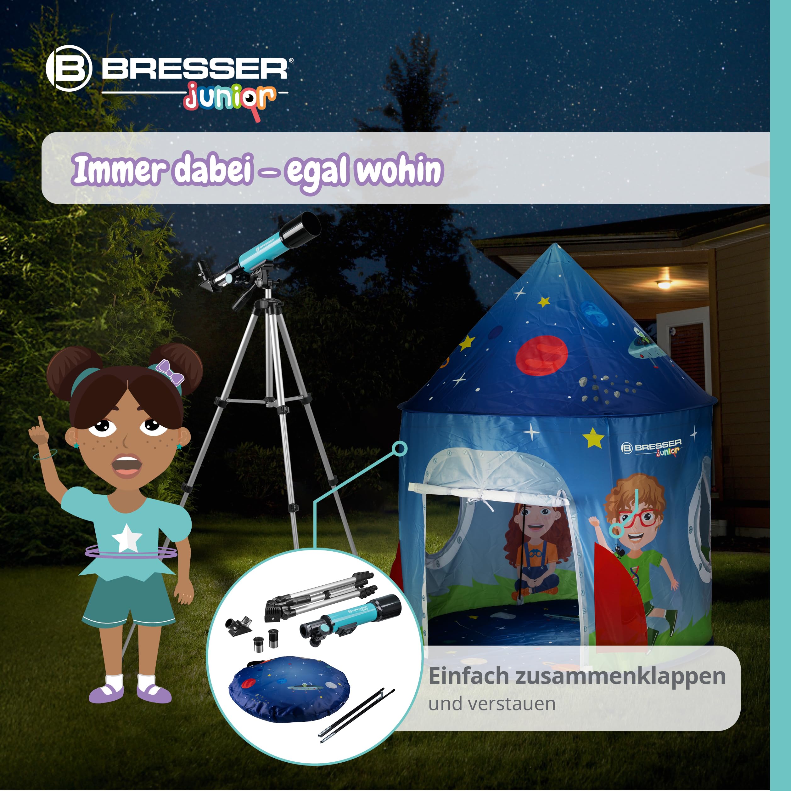 Bresser Junior Linsenteleskop 50/360 für Kinder - Astronomie Einsteigerset mit Zelt, Refraktor Teleskop, Stativ, Azimutale Montierung, Okulare und Zenitspiegel ,blau