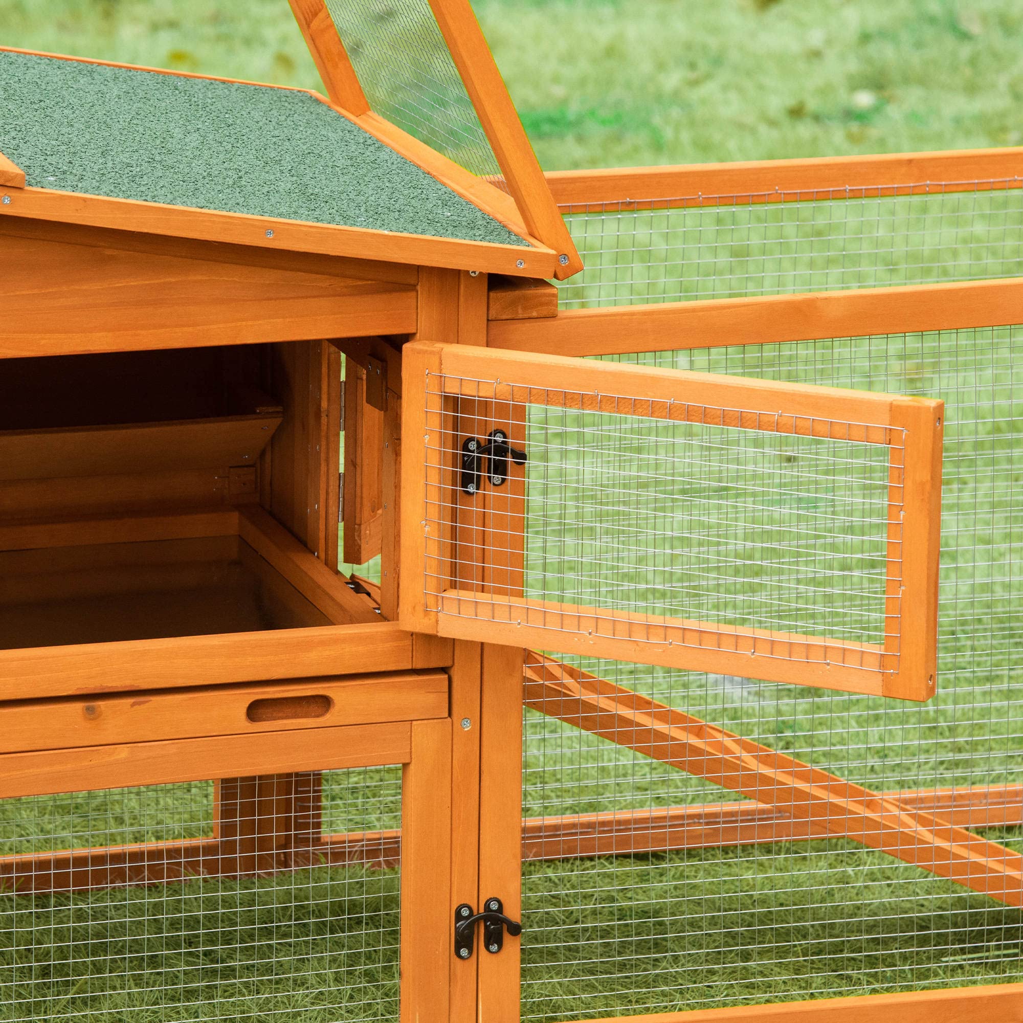PawHut Conejera de Madera Exterior Jaula para Conejos de 2 Niveles 156x58x68 cm con Techo Asfáltico 2 Corrales de Metal Bandeja Extraíble 2 Puertas Ventana y Rampa Natural