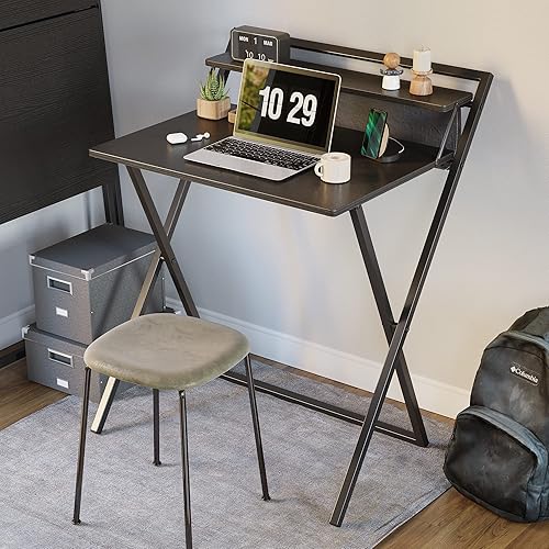 Miniatura 2 de CubiCubi Escritorio plegable pequeño de 24 pulgadas con estante y bolsa de almacenamiento, escritorio de escritura para oficina en casa, mesa de