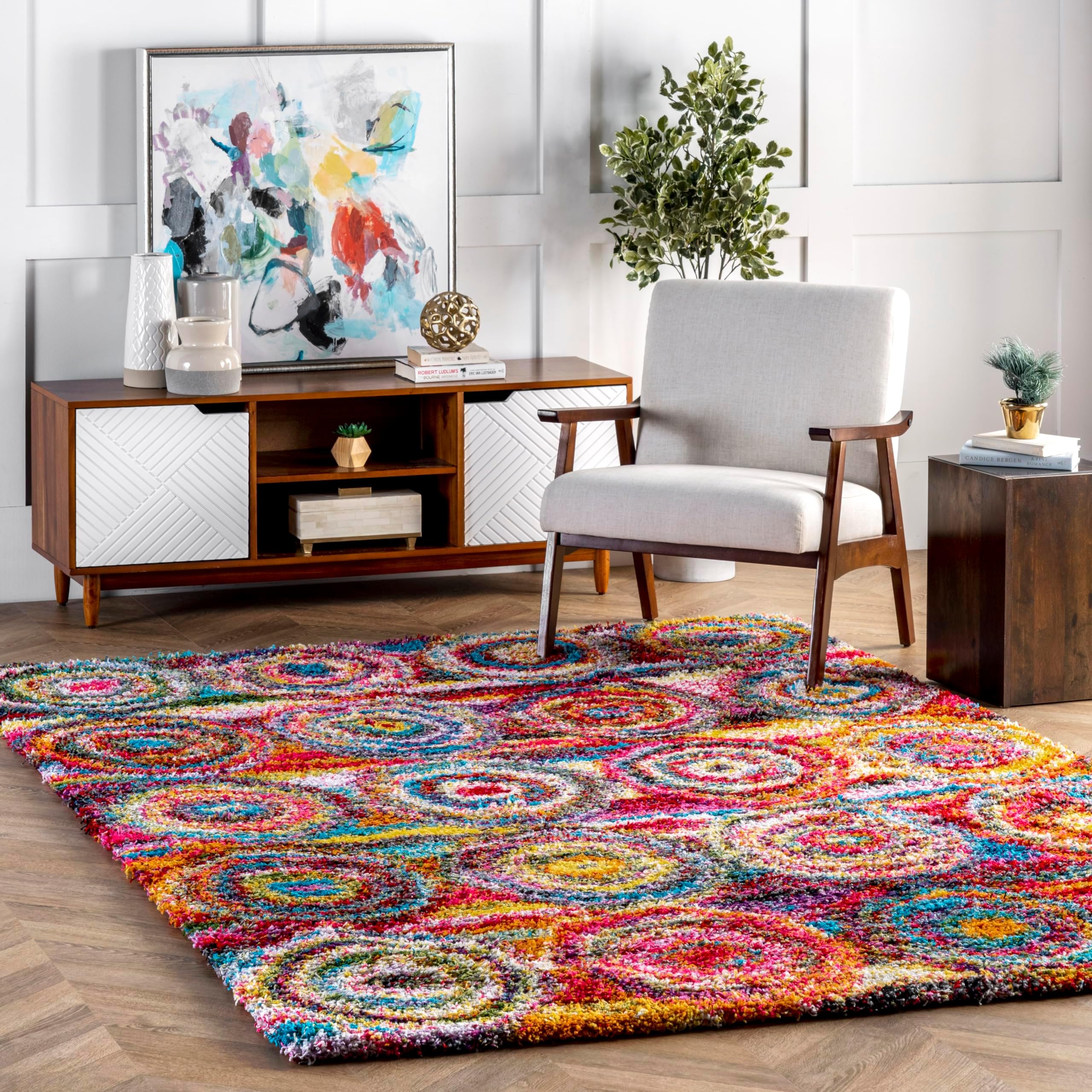Kindra Multicolor/Red, 4' x 6', Bohemian Circles, Soft and Cozy, High Traffic, Stain Resistant, Easy Clean, Durable Area Rug for Bedroom, Living Room, Dining Space, Den, Foyer, Entryway