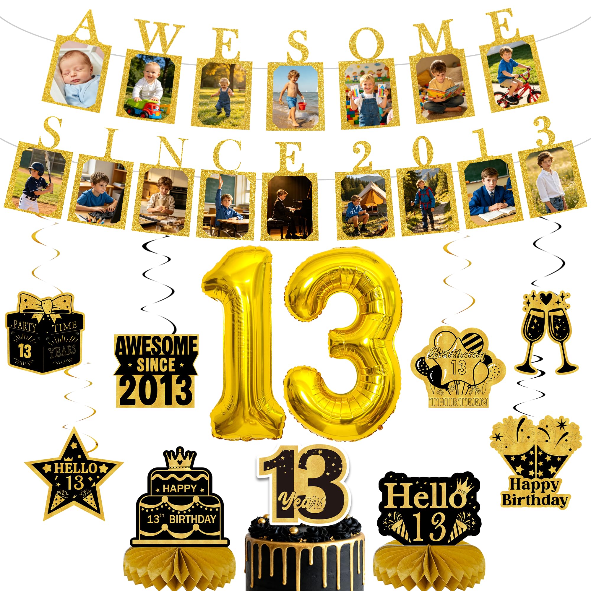 Happy 13th Birthday Banner Decorations, Gold Photo Banners Set