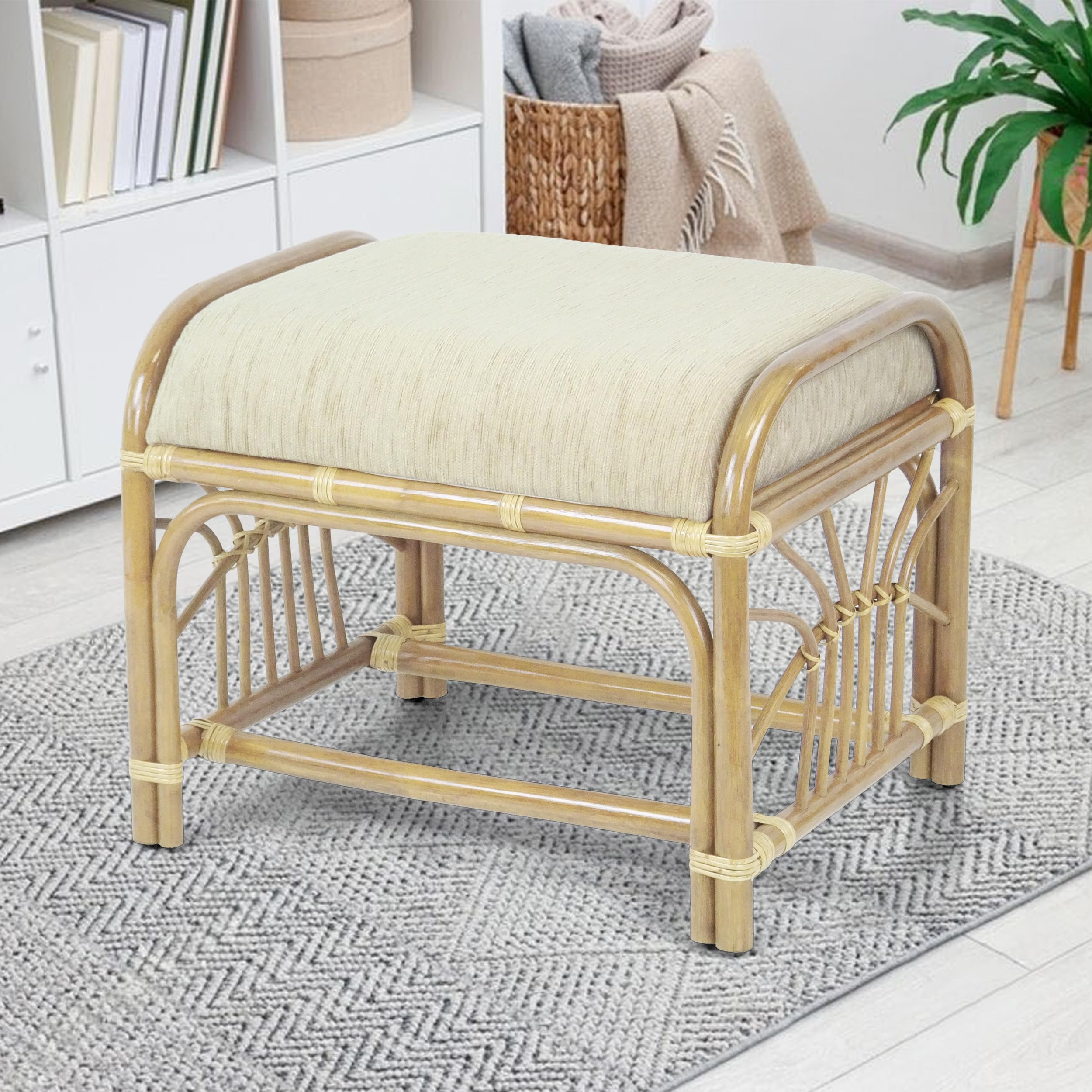 Krit Handmade Rattan Wicker Ottoman Footstool with Cushion Fully Assembled Natural Color