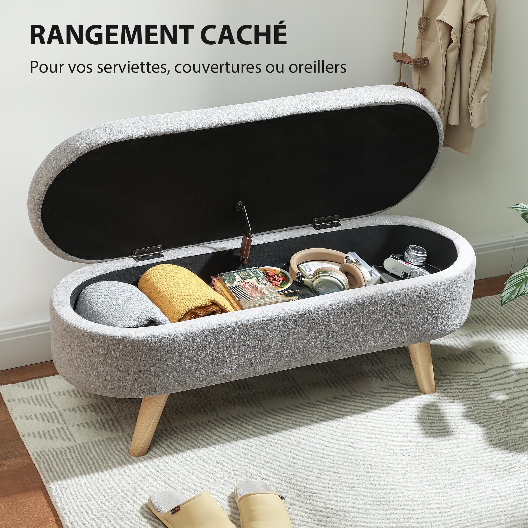 HOMCOM Bank Bank Endstück Bett Aufbewahrungsbox 2 in 1 Stoff mit Holzfüßen 110l x 40T x 43H cm hellgrau