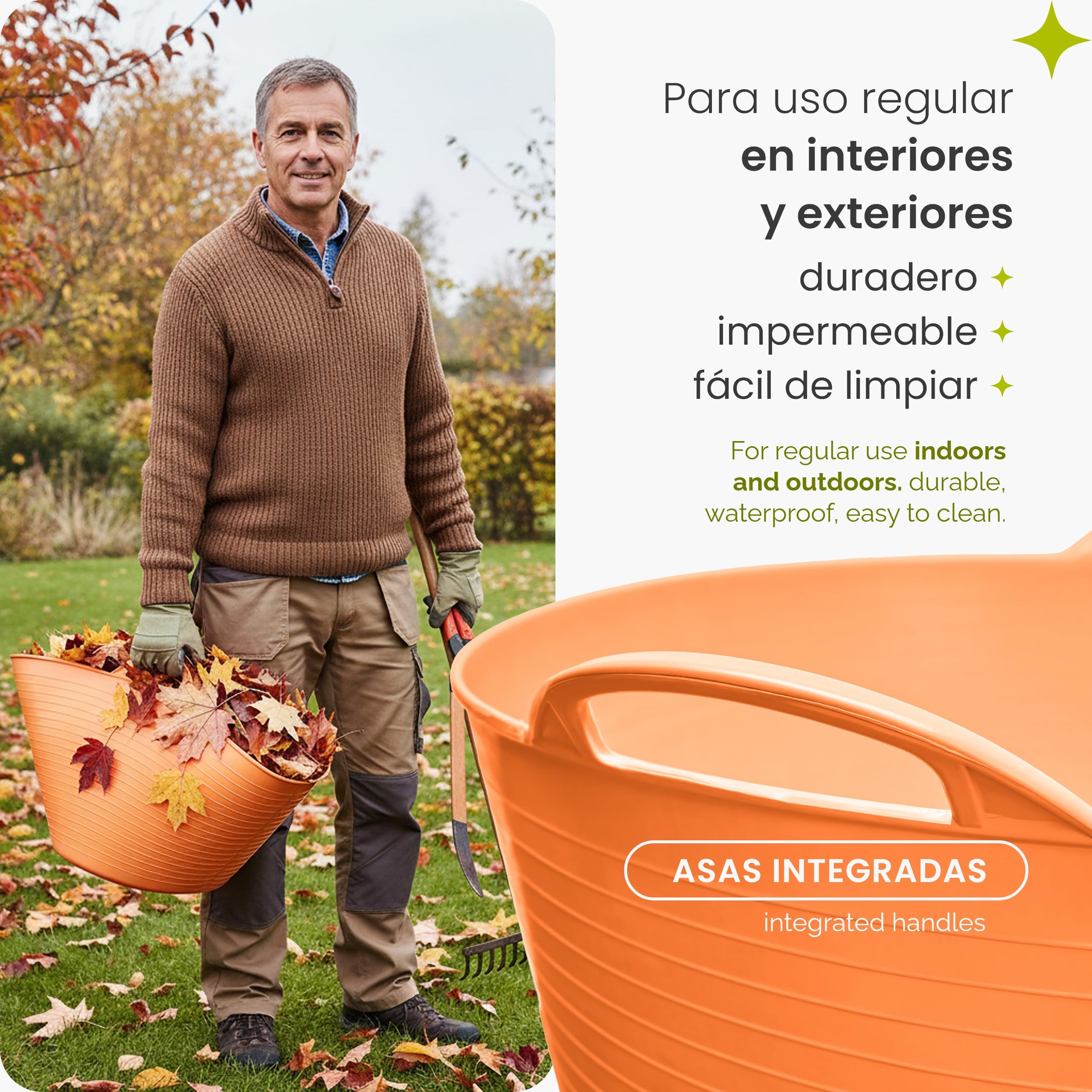 Garronda Pack de 4 Capazo Flexible 42 L para Hogar y Jardín - Cubo Plástico Multiusos con Asas, Cesta, Espuertas de Goma, Barreño Resistente para Albañilería, Limpieza y Transporte GD-0184 (Naranja)