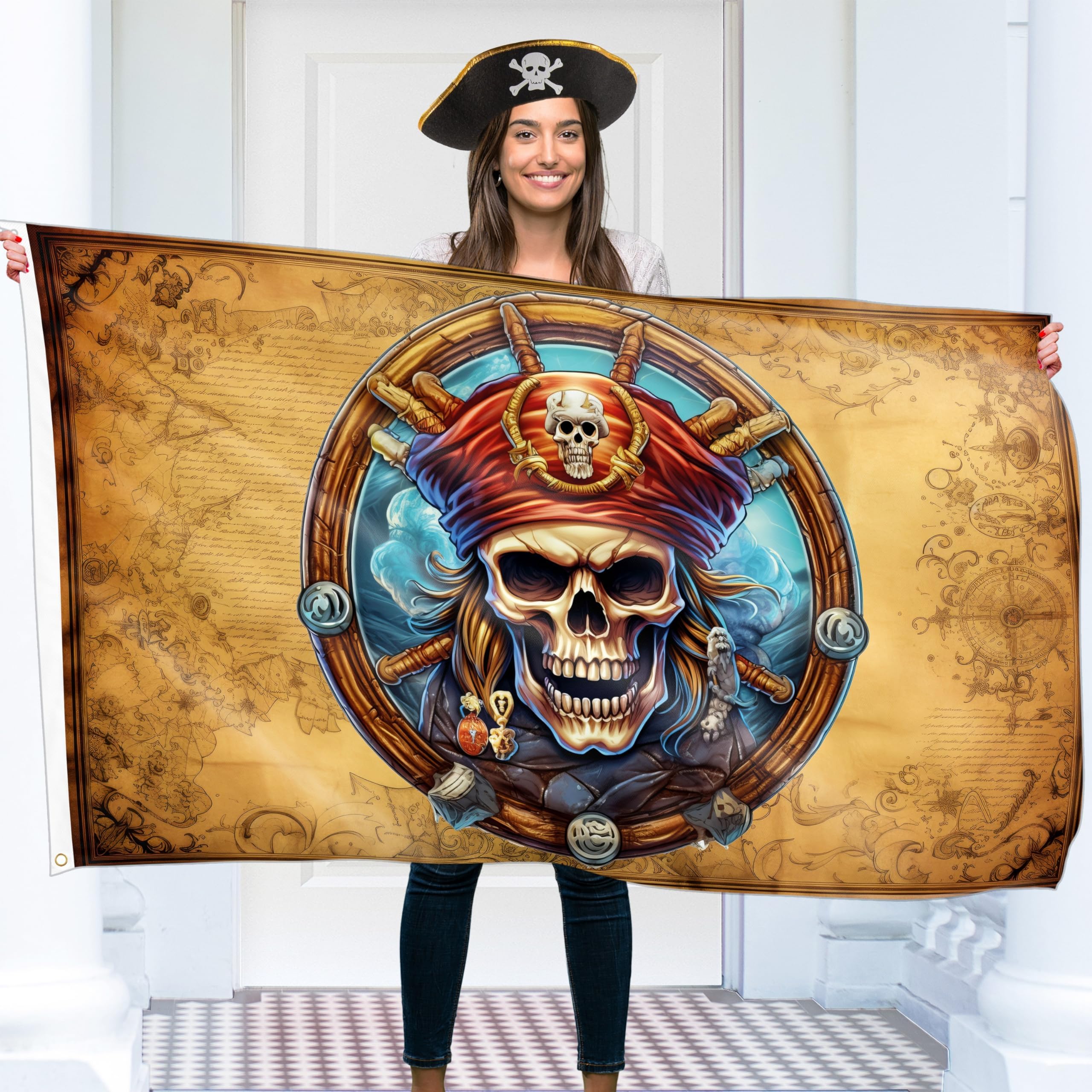 KASKANA Pirate Flag - Jolly Roger Flag with Pirate Map - Double-sided Print - 110Den Polyester - Double Seam - 2 Brass Eyelets, Large 5ft x 3ft
