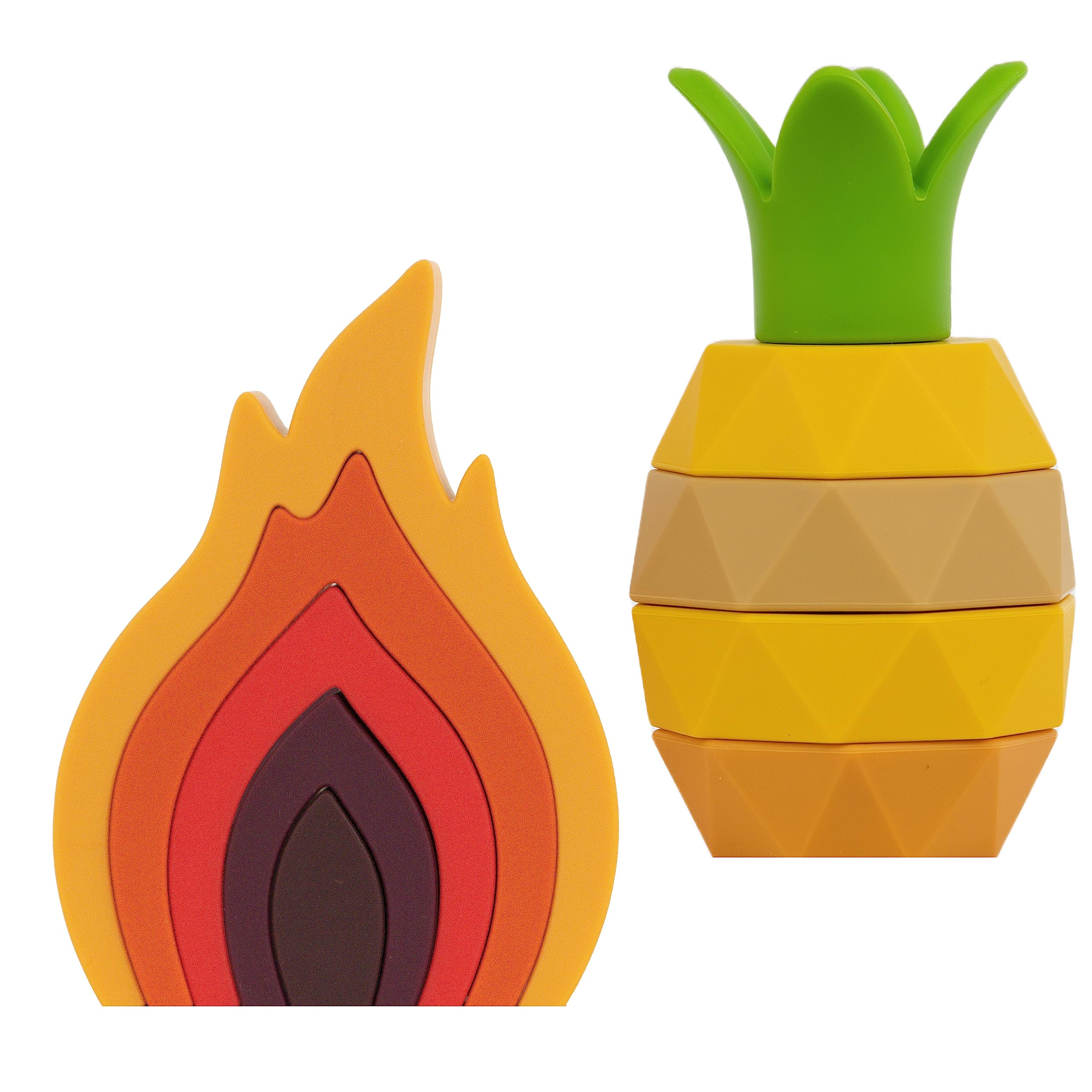 BPA-Free Silicone Toddler Stackable Toys- Stacking Blocks, Stacking Cups or Stacking Rings, Stacking Toys for Toddlers 6-12 Months to 3 Years Old | Pineapple & Fire Set of 2 Baby Stacking Toys