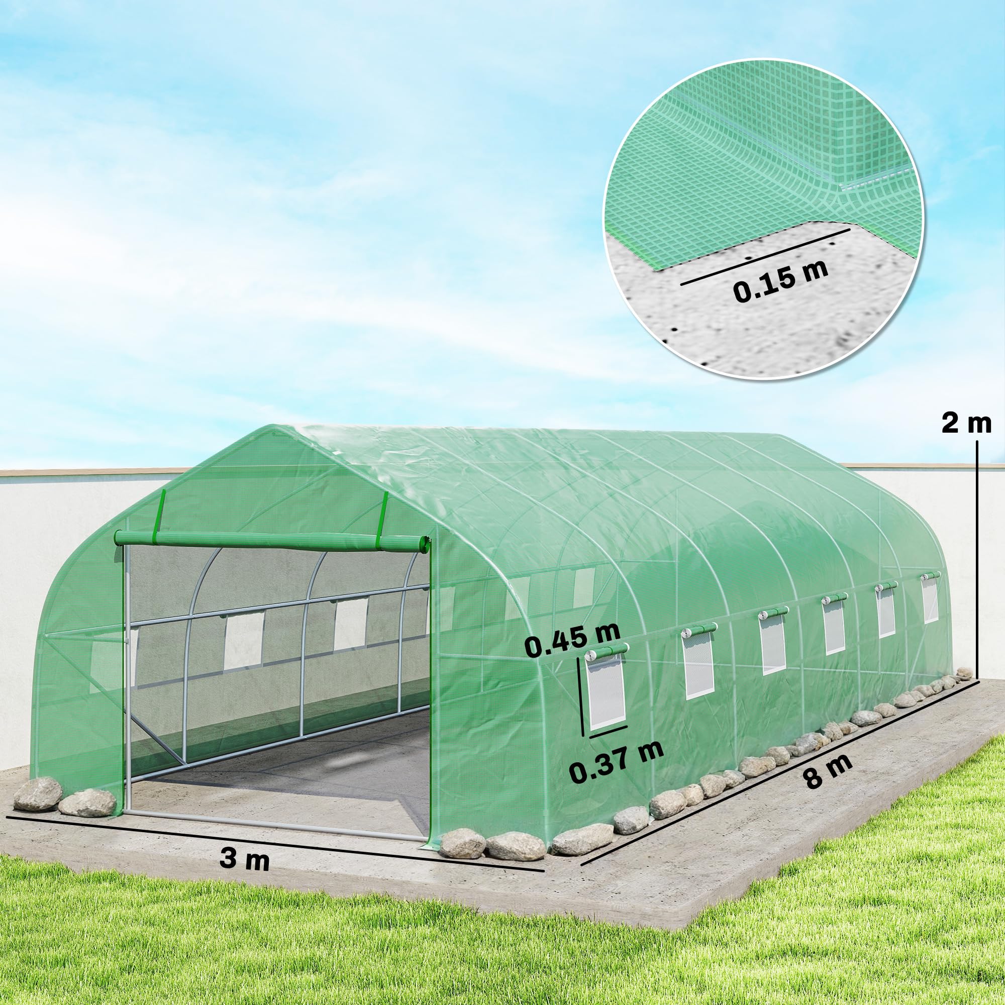Outsunny Serra da Giardino a Tunnel 8x3x2 m con Porta Avvolgibile, Serra per Orto a Punta con 12 Finestre, Copertura in PE e Struttura in Acciaio, Verde