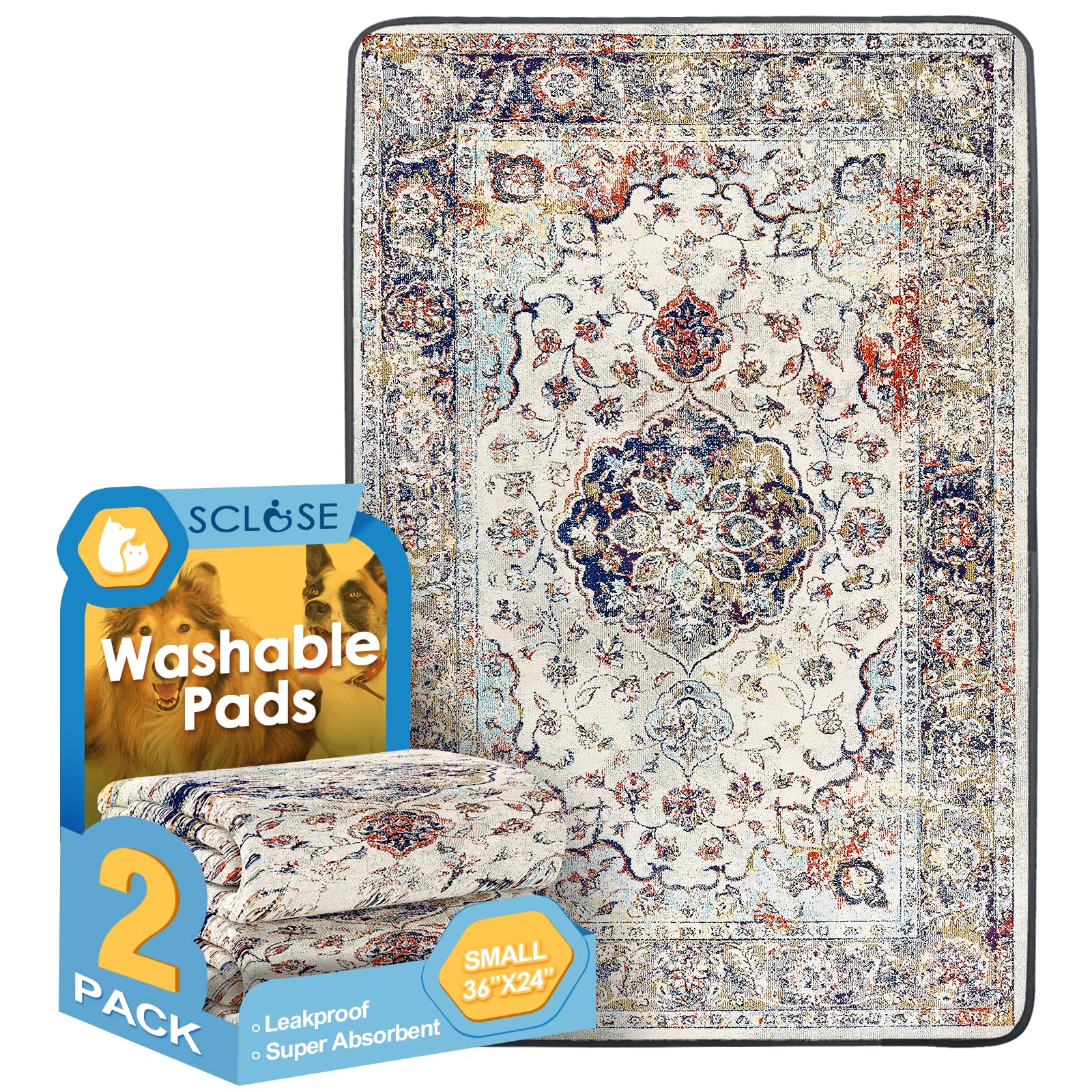 SCLOSE Washable Pee Pads for Dogs 2 Pack, 36" x 24" Reusable Puppy Pads Waterproof, Super Absorbent Dog Rugs, Leakproof, Dog Crate Pad, Playpen Mat,