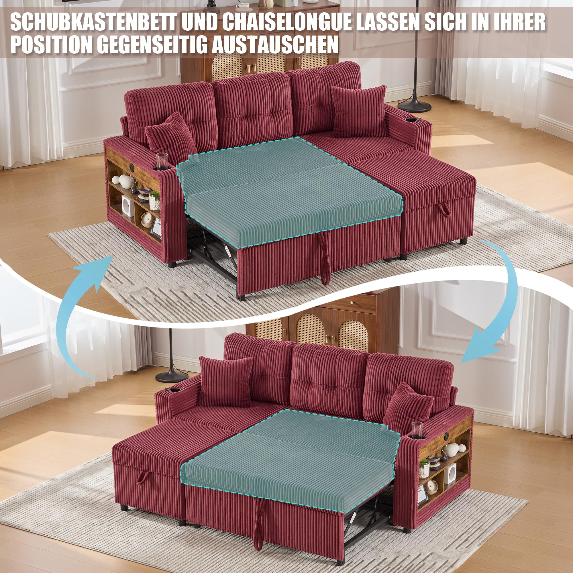 Modułowa sofa ze sztruksu, sofa do spania z wysuwaną funkcją spania i oświetleniem, składana sofa z poduszką na siedzisko i oparcie, kolor czerwonego wina