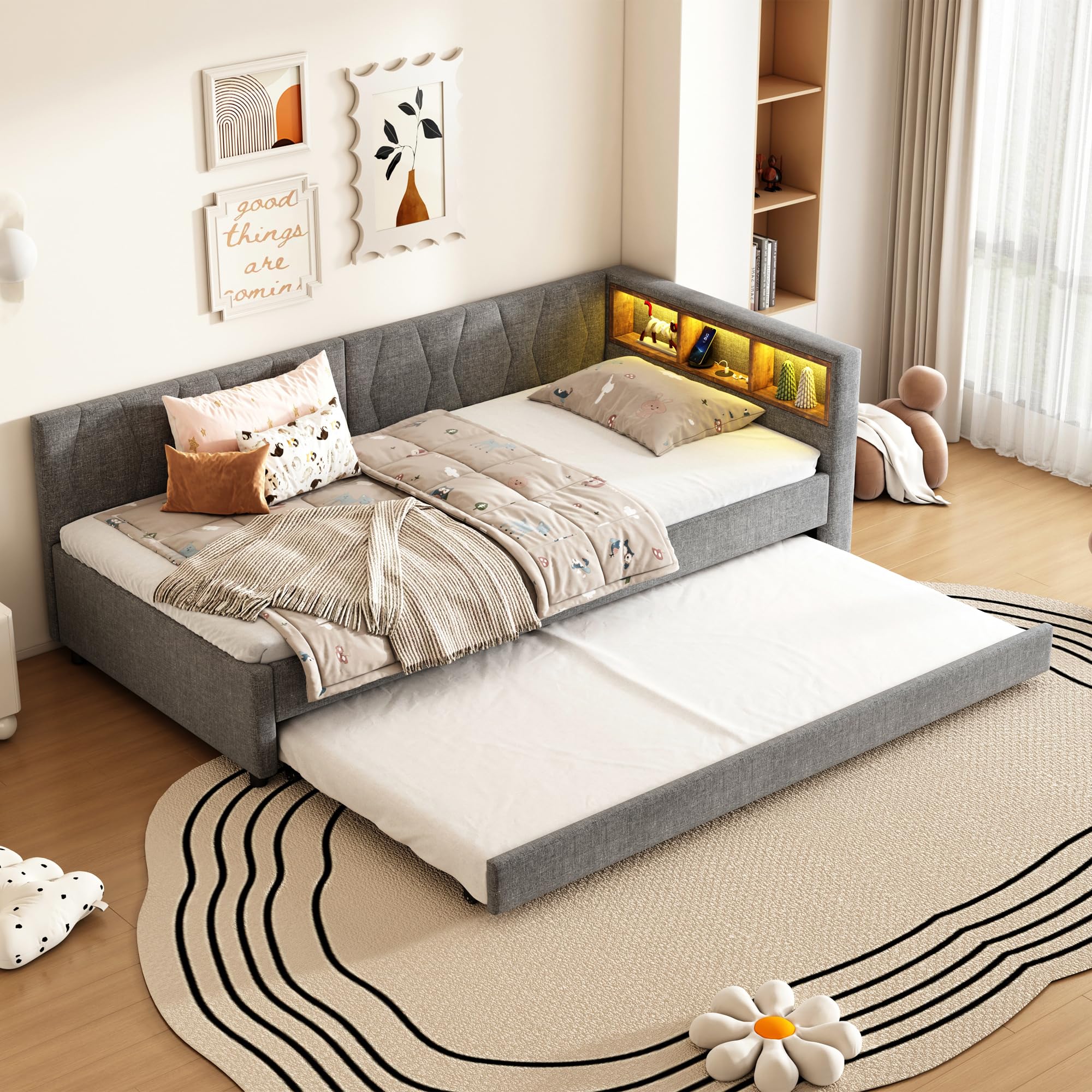 Dolamaní Łóżko tapicerowane 90 x 200 cm, z diodami LED i USB + typ C, łóżko ze stelażem i łóżkiem wysuwanym, dla dzieci, łóżko młodzieżowe, łóżko funkcyjne, łóżko pojedyncze, lniane, bez materaca