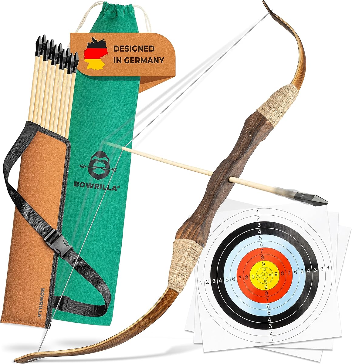 BOWRILLA® Wooden Bow and Arrow for Kids with 10 Arrows, Quiver, 3 Targets & Storage Bag | Kids Bow and Arrow Set for Right- and Left-Handers | Indoor and Outdoor Toys for Children Boys & Girls