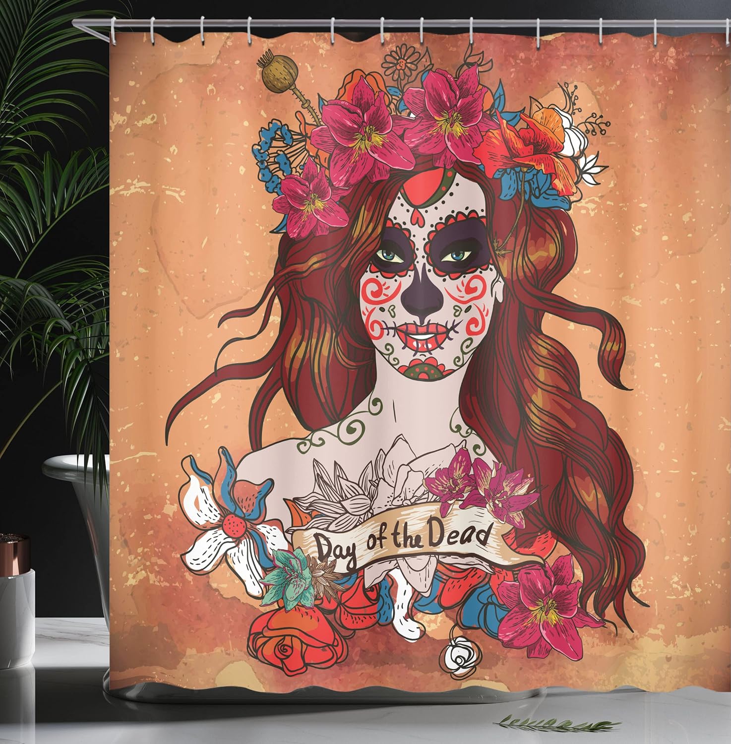Ambesonne Day of The Dead Shower Curtain, Dia de Los Muertos Spanish Culture Mexican Skull Art, Cloth Fabric Bathroom Decor Set with Hooks, 69" W x 70" L, Cinnamon Magenta