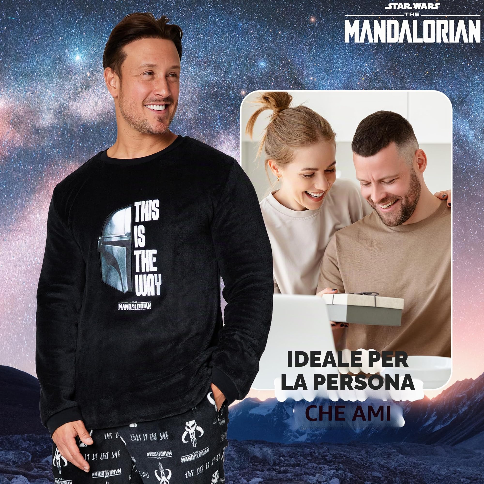 Disney Pigiama Uomo Invernale - The Mandalorian Set Pigiama Uomo Pile con Calze a Pantofola M - 2XL Regalo Natale per Uomini