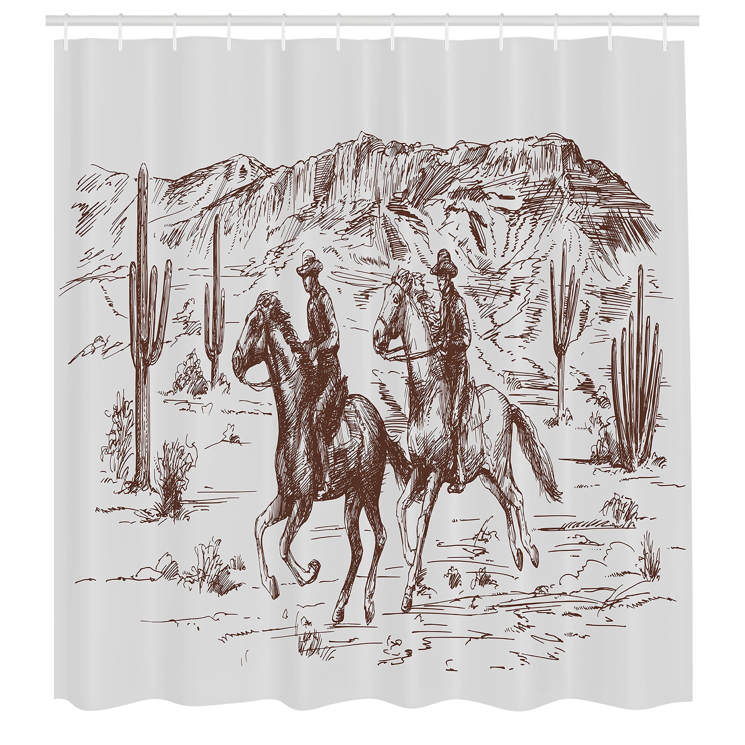 Ambesonne Western Shower Curtain, Country Theme Hand Drawn Illustration of American Wild West Desert with Cowboys, Cloth Fabric Bathroom Decor Set with Hooks, 69