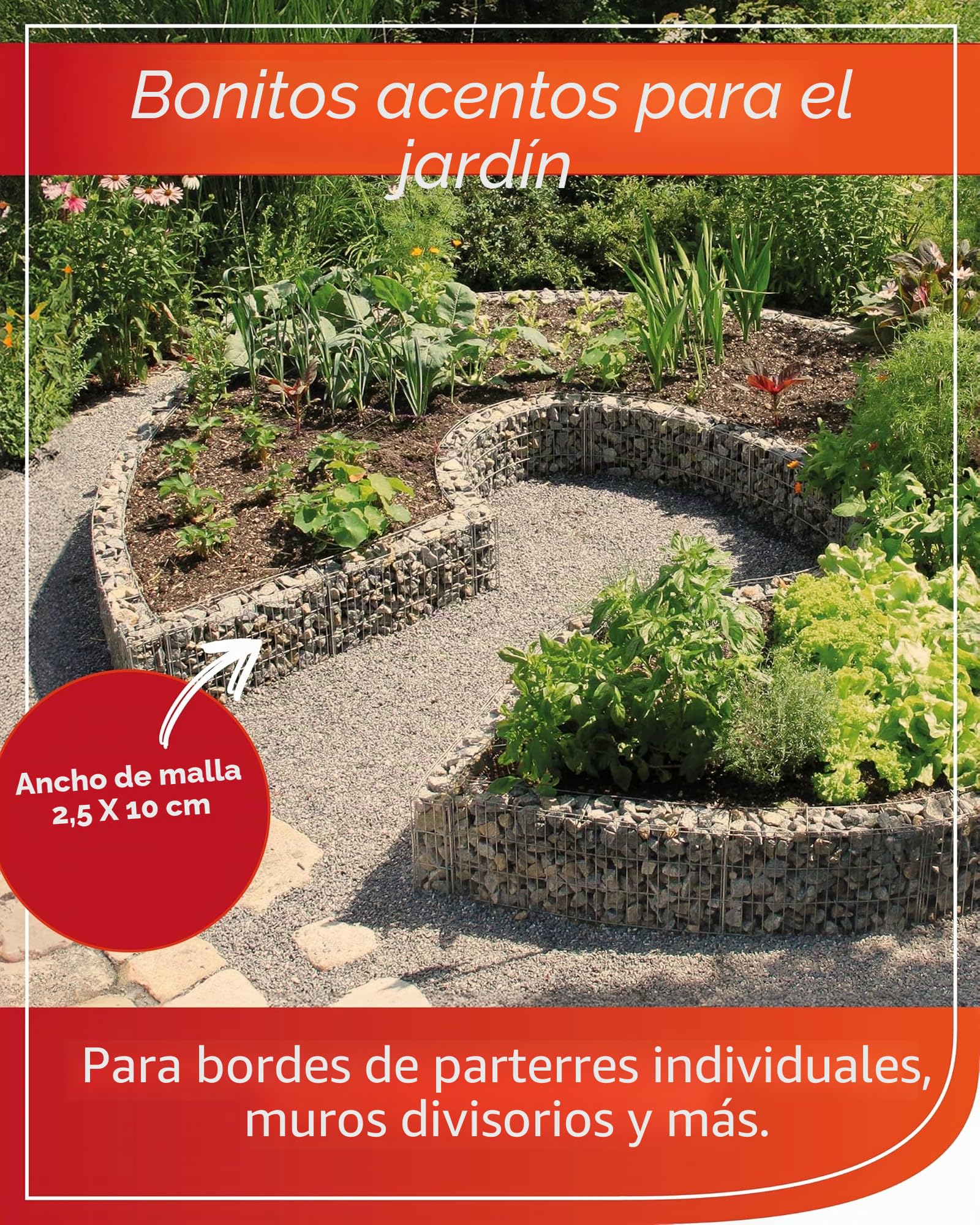 Bellissa - Juego de pared para gaviones (95550) - Muro-Gabion, jaulas de piedra de longitud ajustable, kit escalable - 232 x 10 x 40 cm