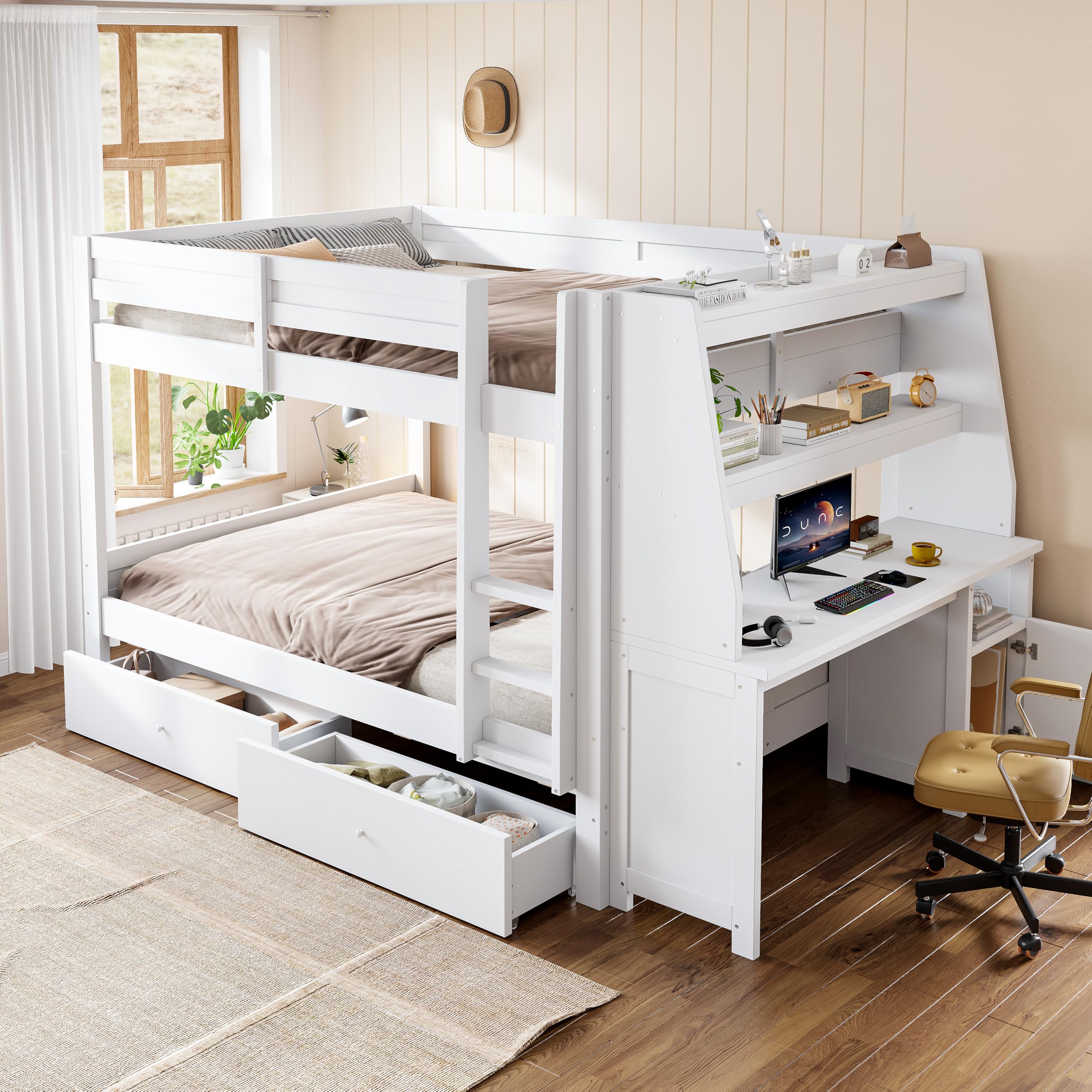 Merax Grand lit superposé 140 x 200 cm avec armoire latérale intégrée (déplacement gauche/droite), bureau, étagère, tiroirs - Blanc (sans matelas)