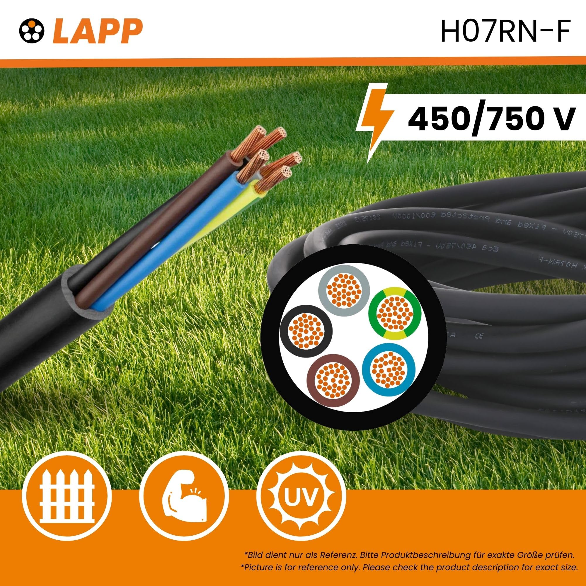 Image secondaire de 10 mètres Lapp 16001233 Câble en caoutchouc H07RN-F 4x1,5 mm² avec conducteur de protection I Câble résistant aux UV pour l'exté